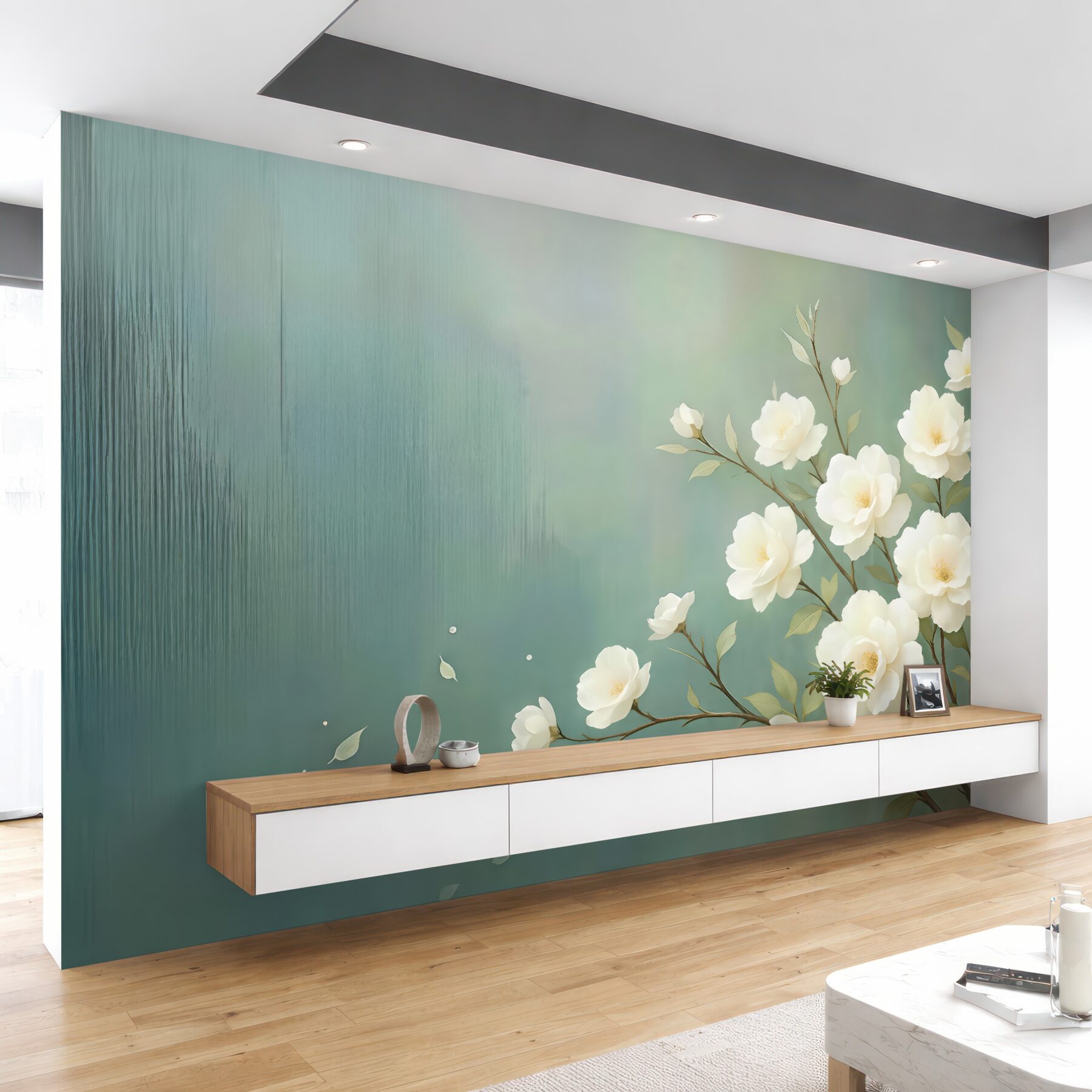 Fototapeta białe kwiaty na miętowym tle