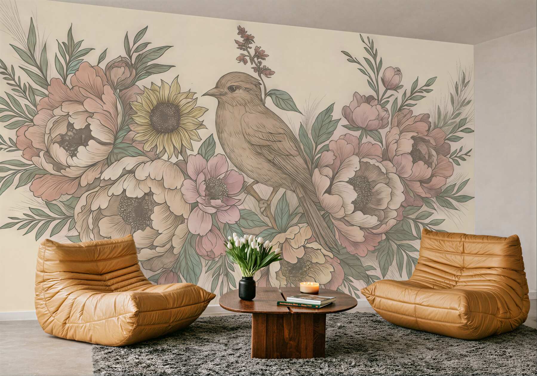 Fototapeta pastelowy ptak wśród kwiatów
