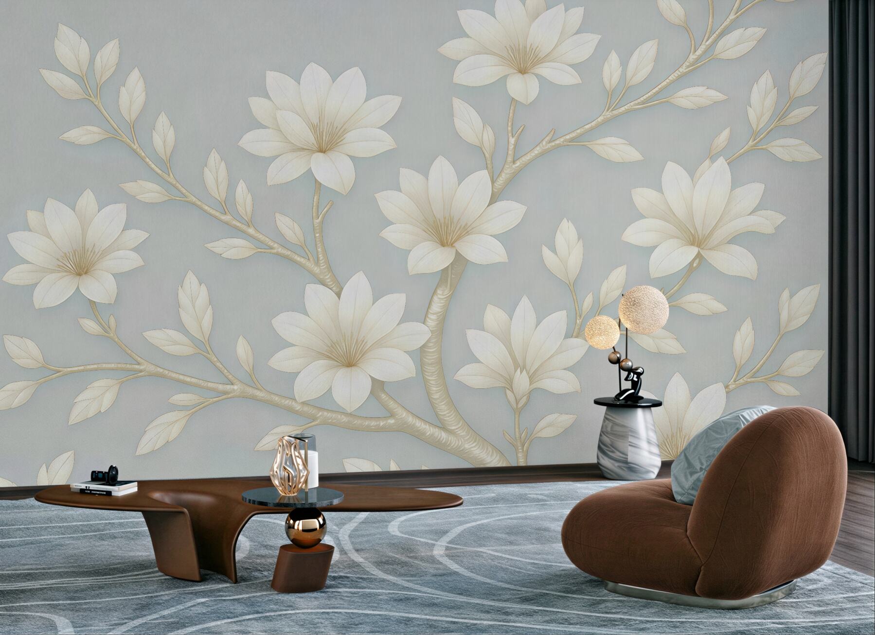 Fototapeta kremowe magnolie na błękitnych gałęziach