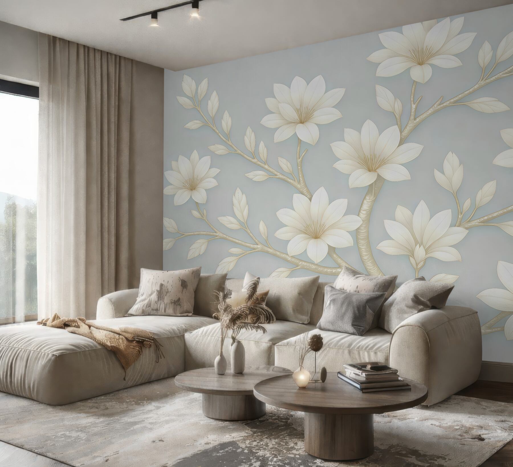 Fototapeta kremowe magnolie na błękitnych gałęziach