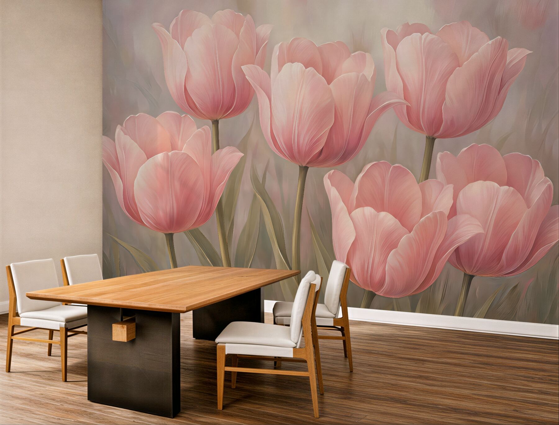 Fototapeta pudrowe tulipany w romantycznym blasku