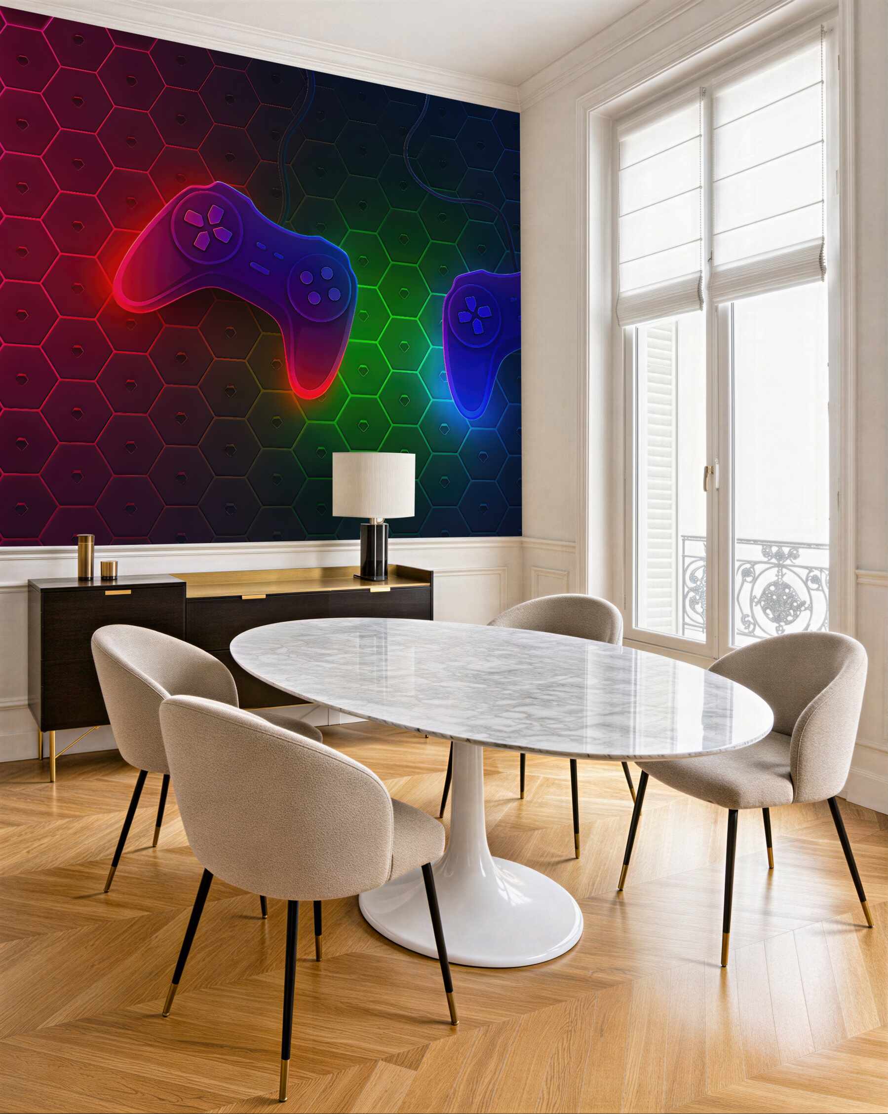 Fototapeta neonowe pady na geometrycznym tle