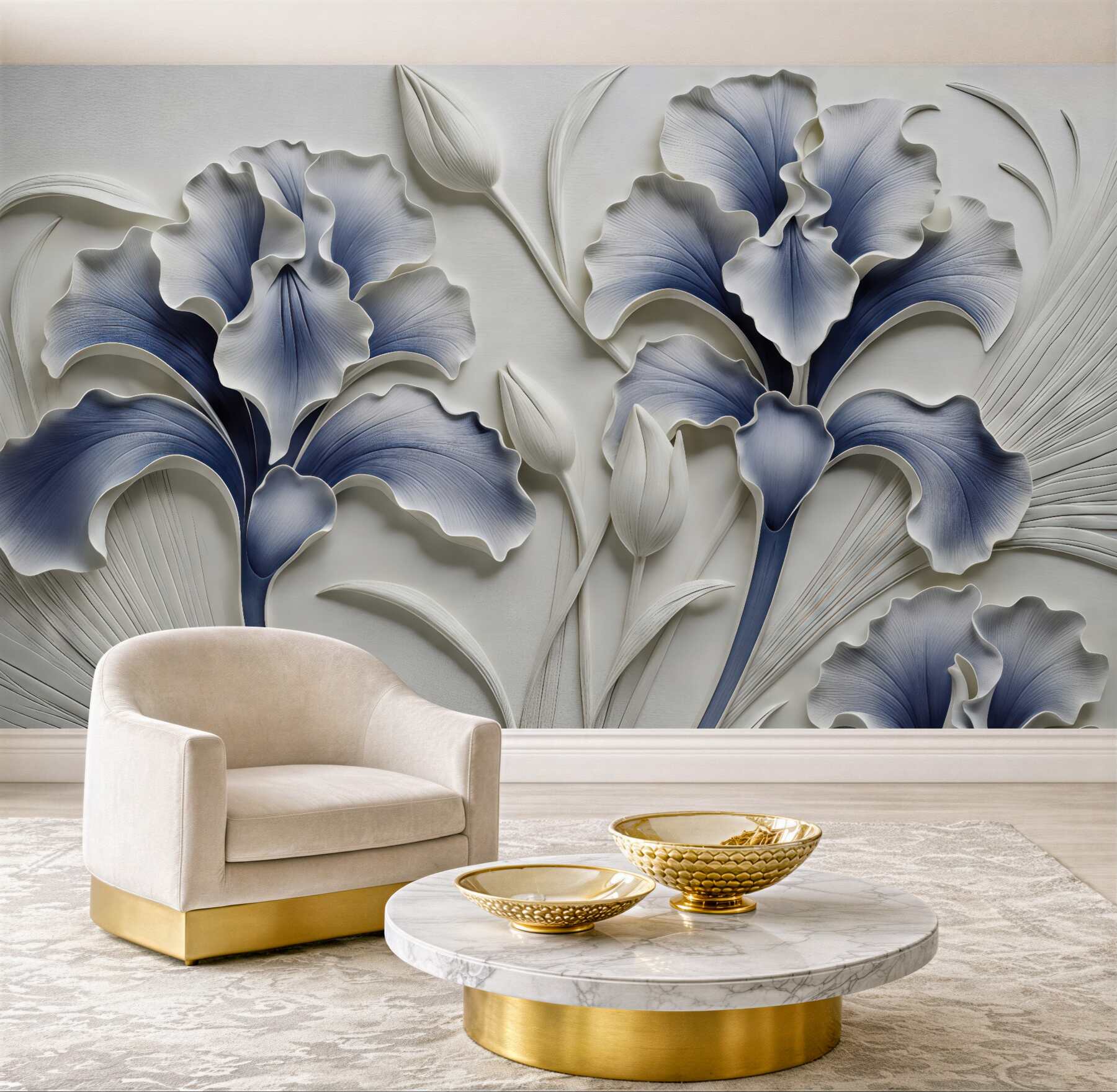 Fototapeta niebieskie irysy w eleganckim reliefie