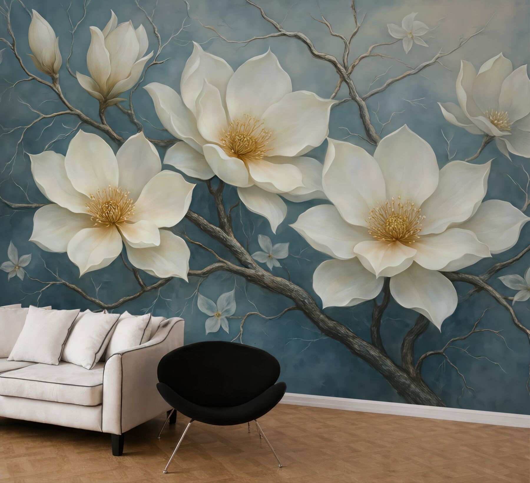 Fototapeta kremowe magnolie na błękitnych gałęziach