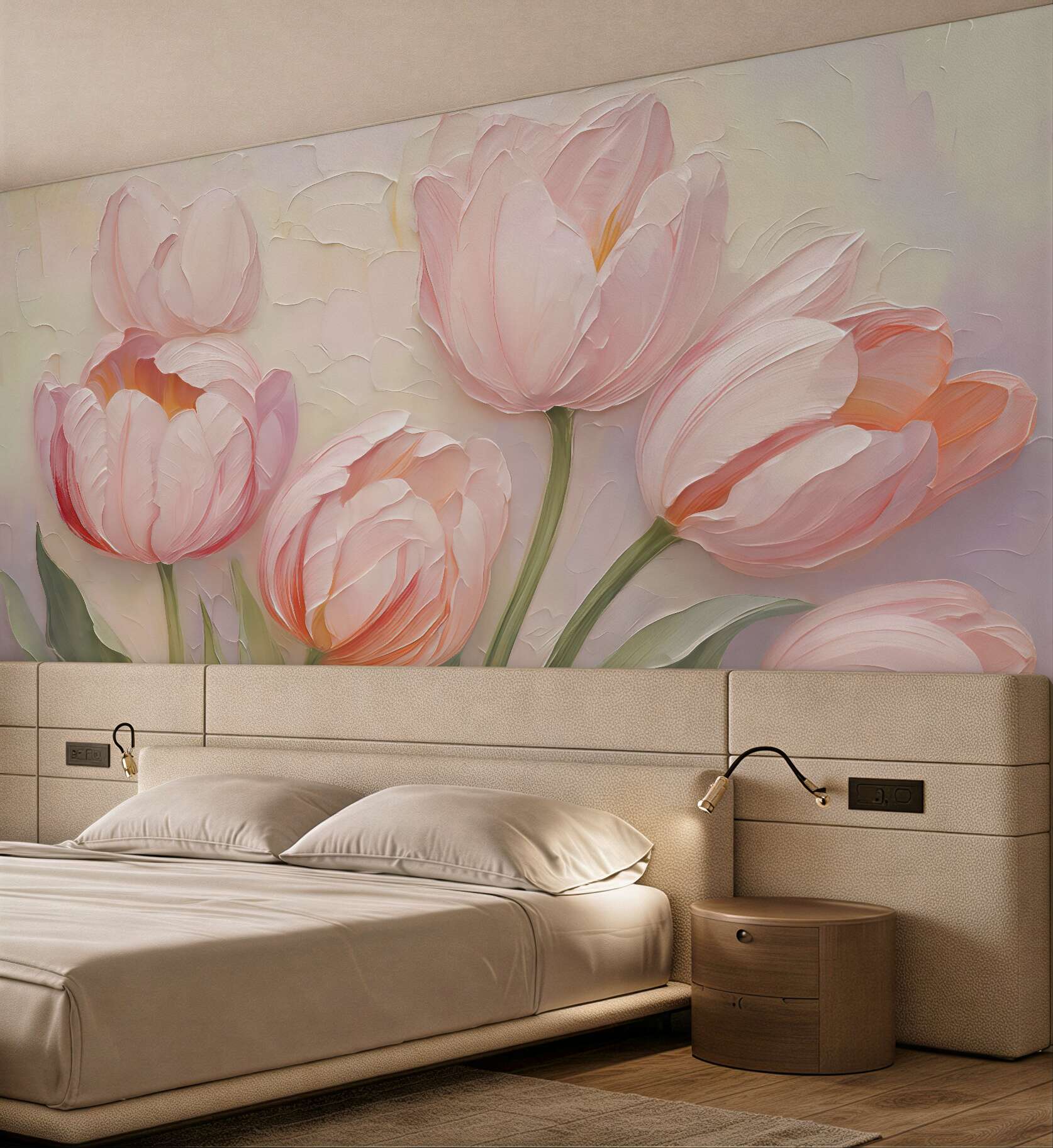 Fototapeta pudrowe tulipany w romantycznym rozkwicie