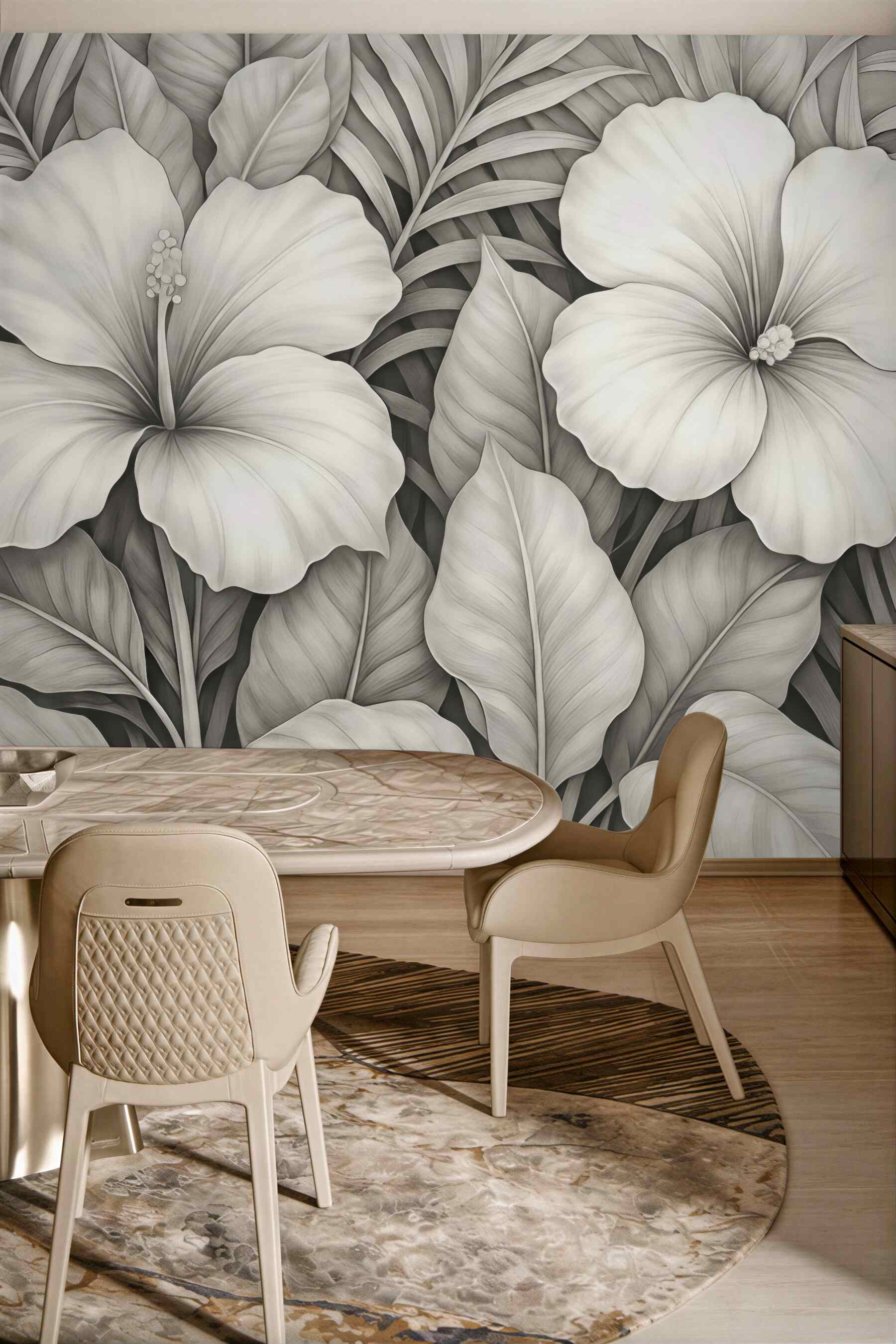 Fototapeta kremowe hibiskusy w tropikalnych liściach