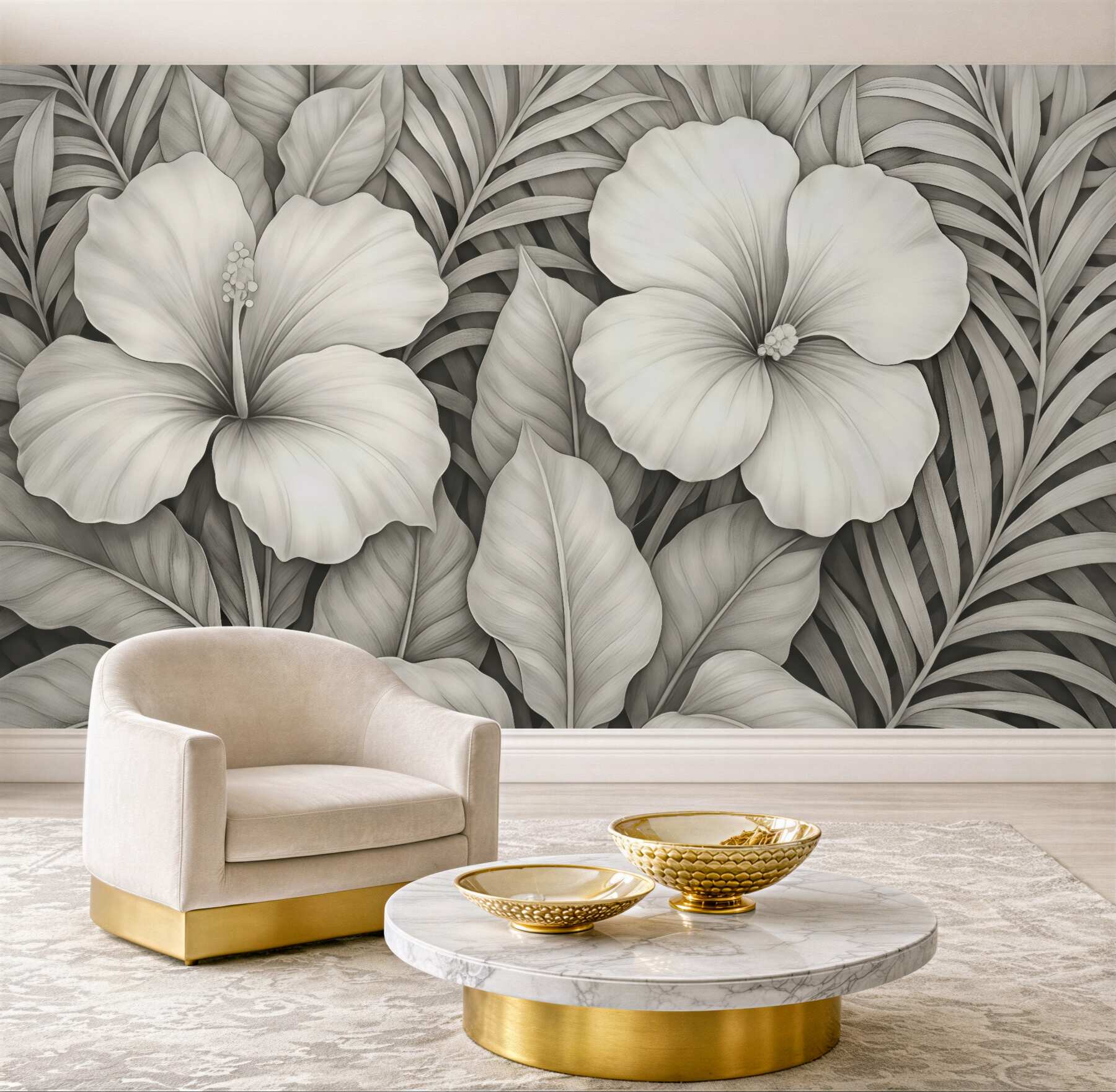 Fototapeta kremowe hibiskusy w tropikalnych liściach