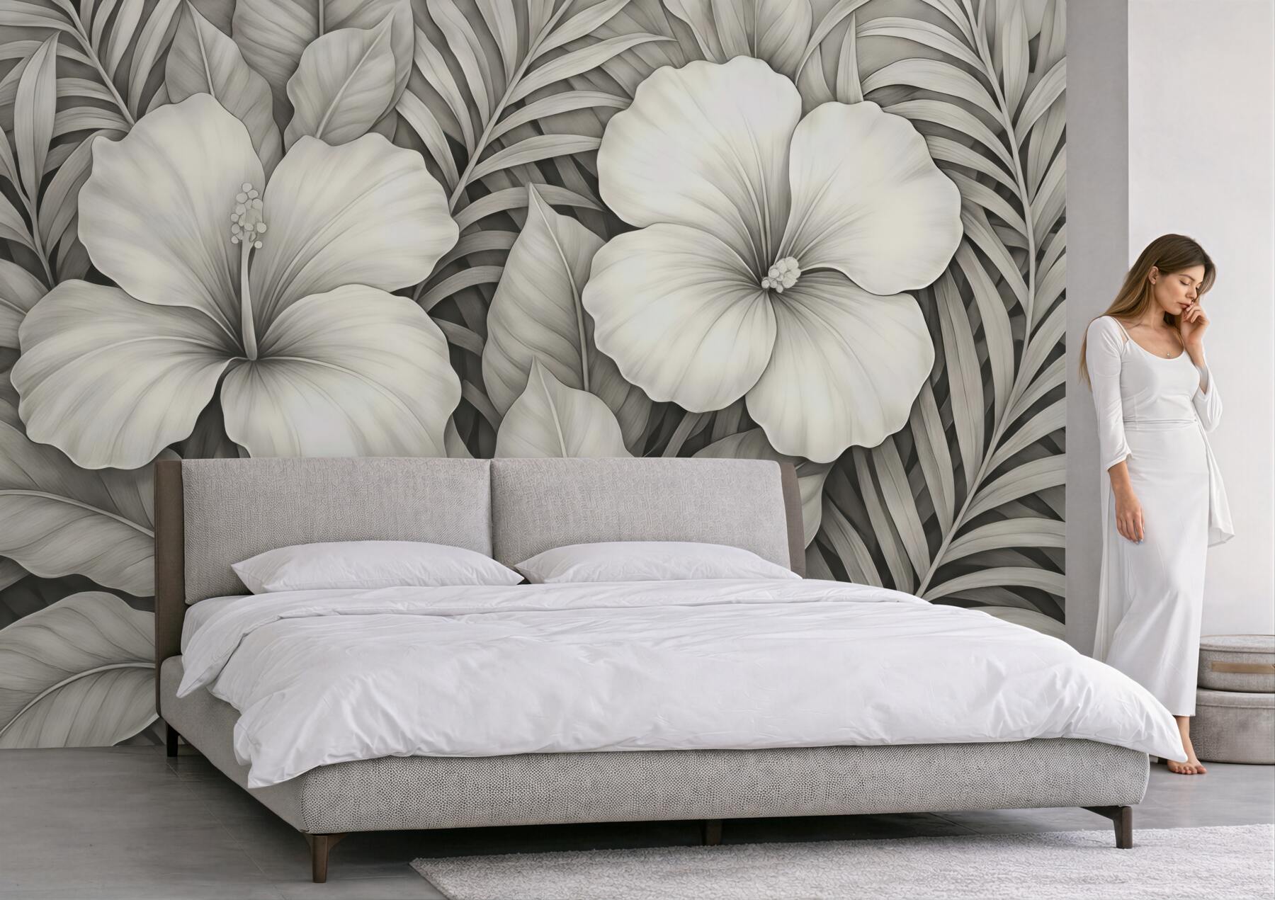 Fototapeta kremowe hibiskusy w tropikalnych liściach
