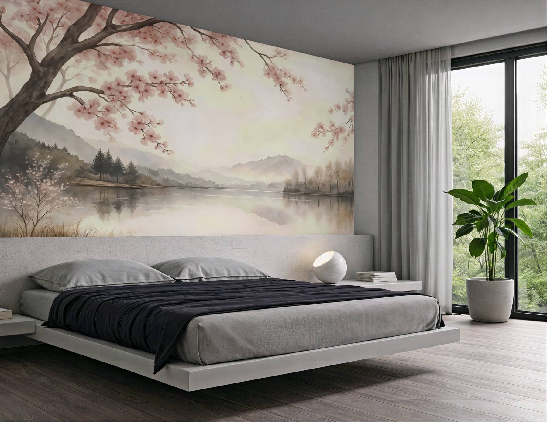 Fototapeta pastelowe kwitnące wiśnie nad jeziorem