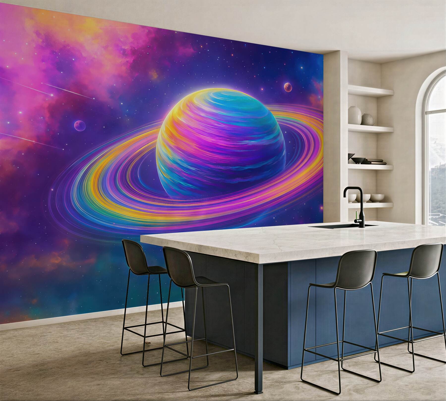 Fototapeta tęczowa planeta w kosmicznej mgle