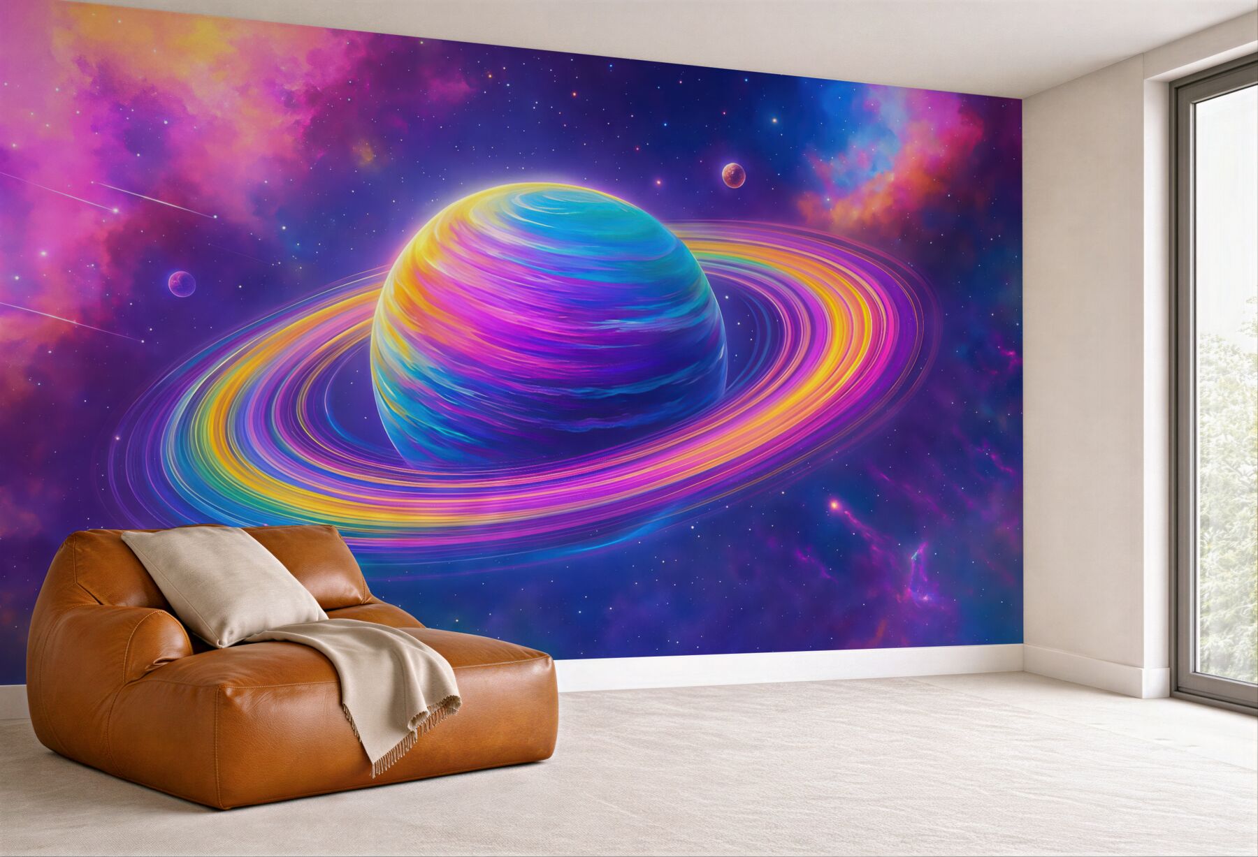 Fototapeta tęczowa planeta w kosmicznej mgle
