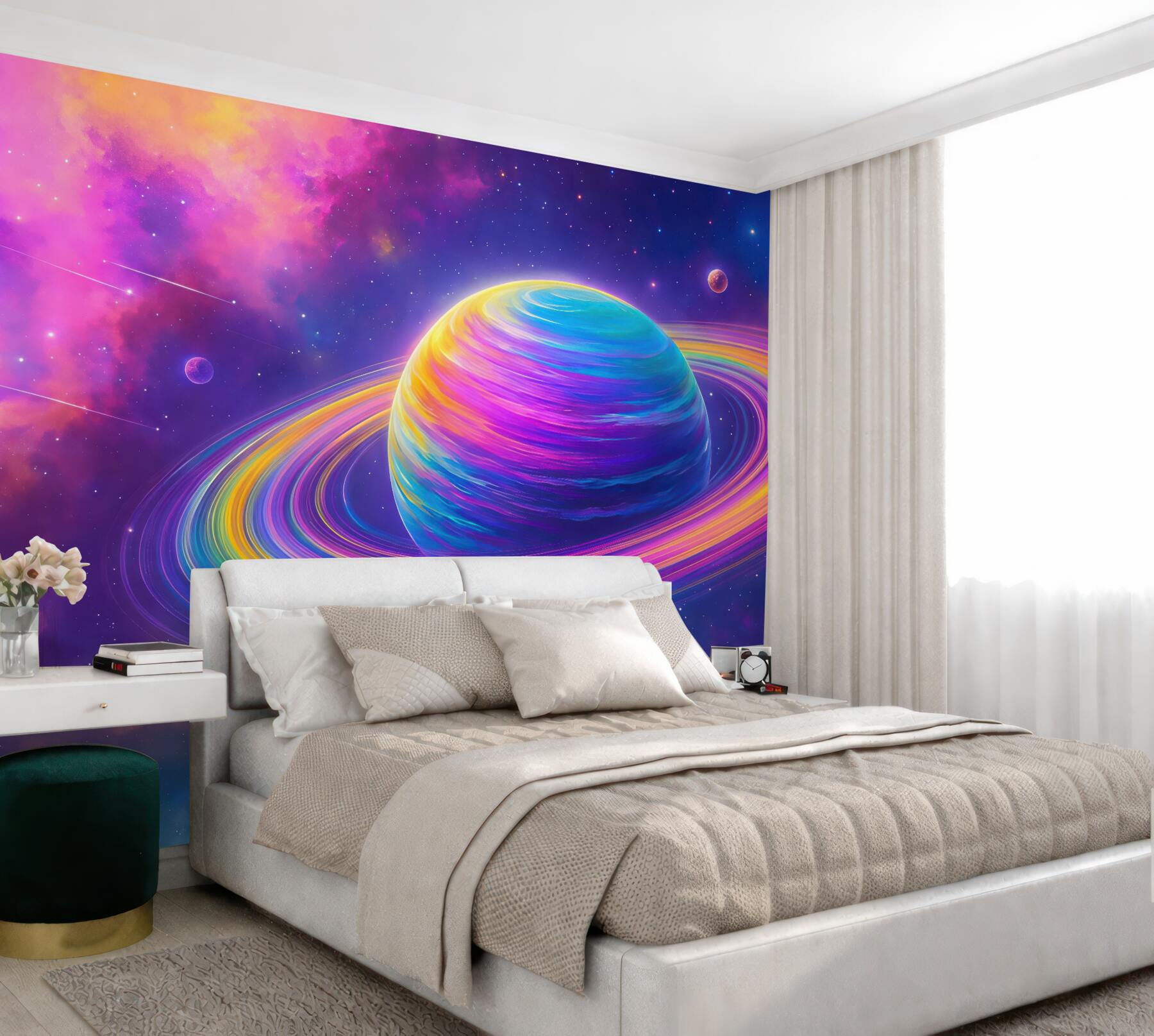 Fototapeta tęczowa planeta w kosmicznej mgle