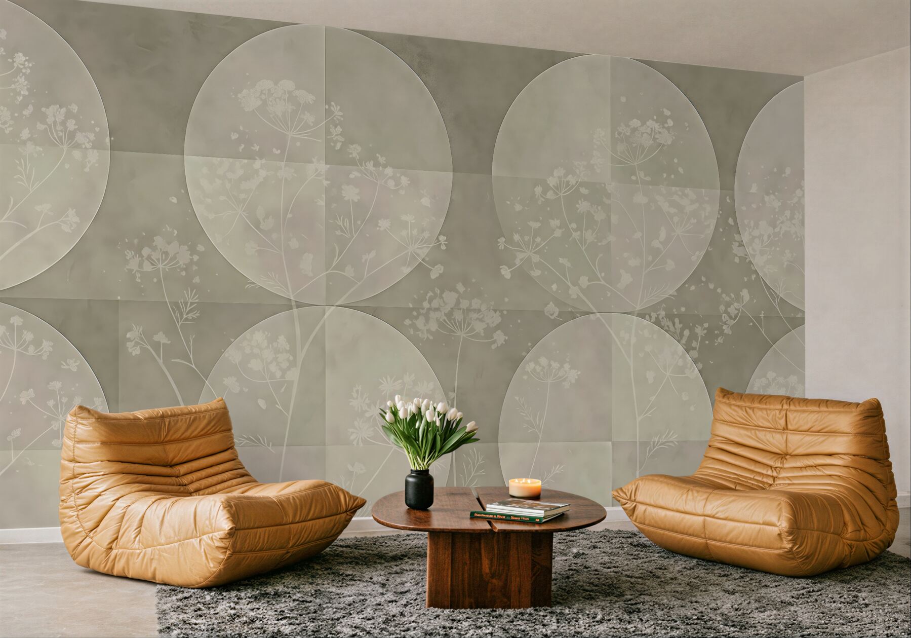 Fototapeta geometryczne koła z delikatnymi roślinami