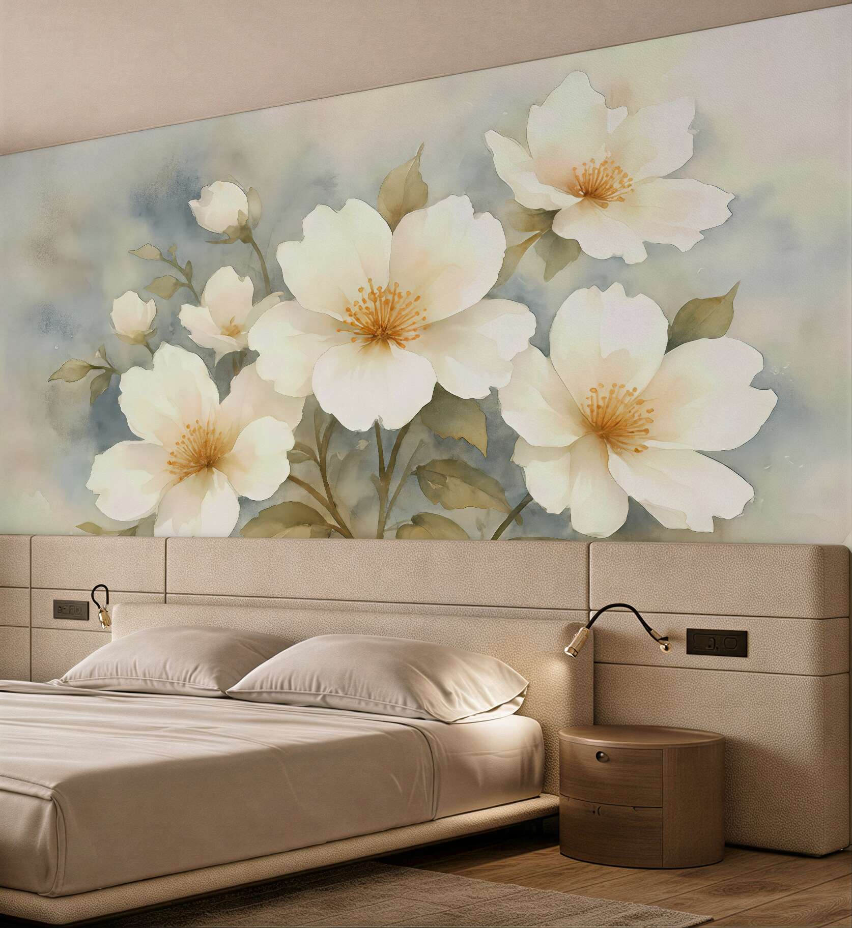 Fototapeta akwarelowe kremowe kwiaty w delikatnej mgle