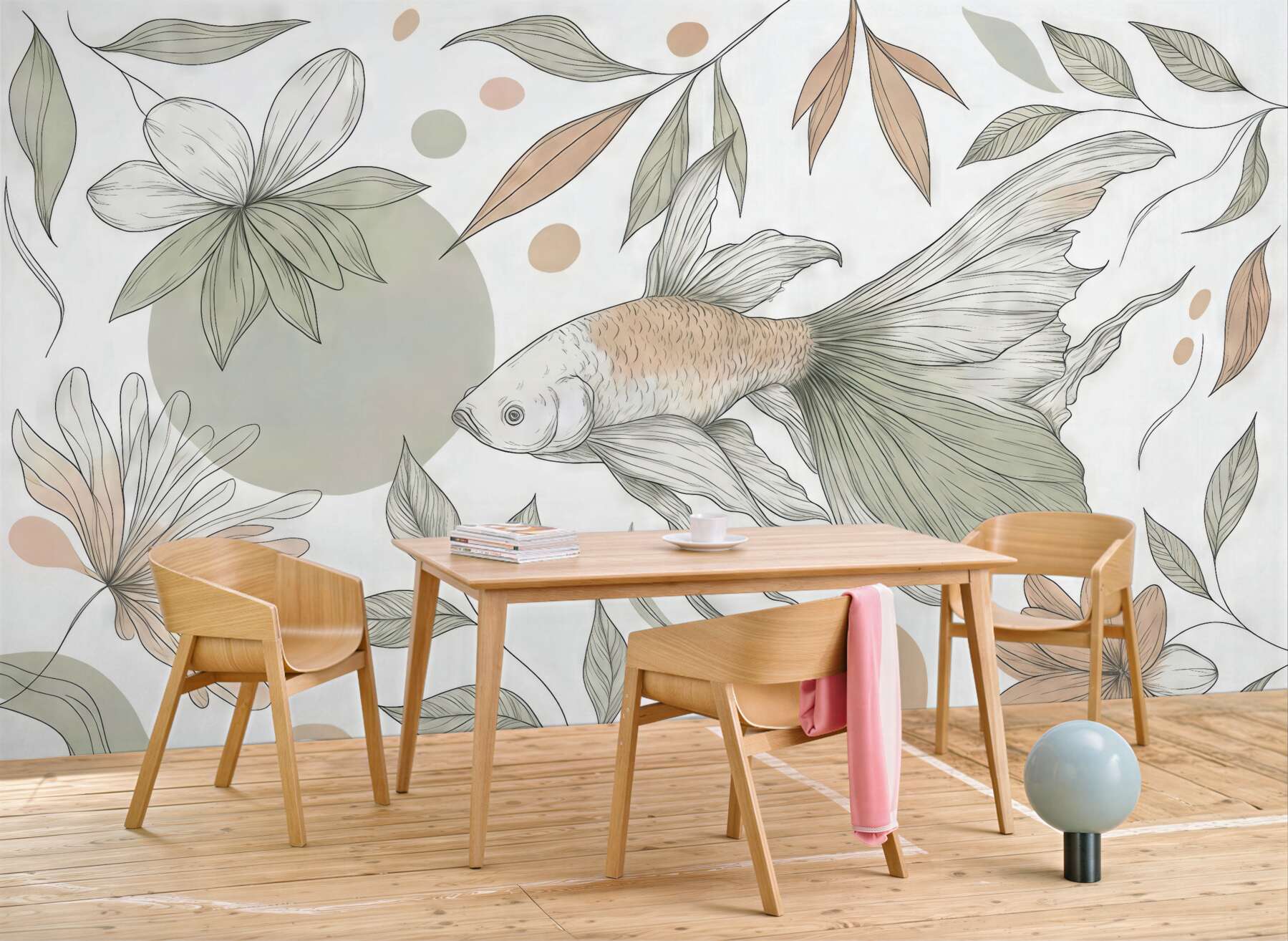 Fototapeta złota rybka w pastelowych liściach