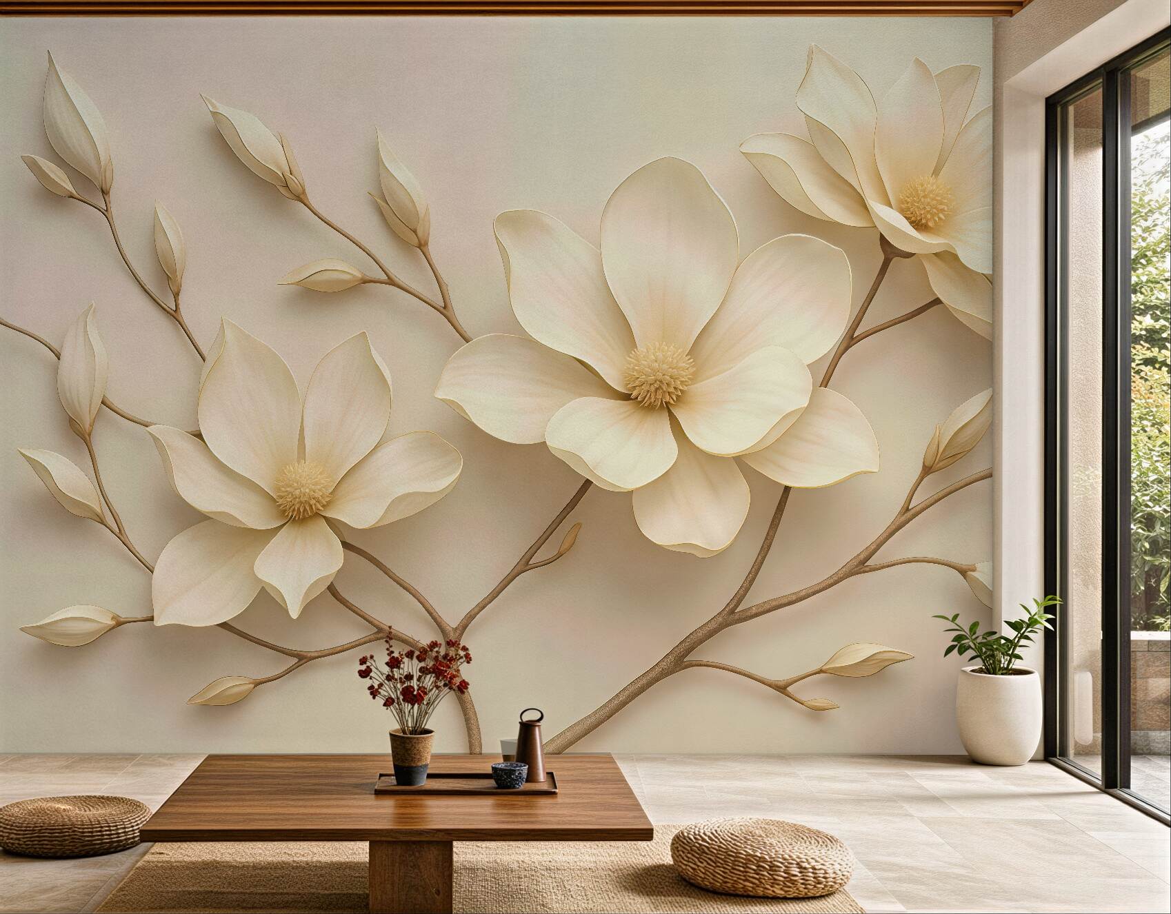 Fototapeta kremowe magnolie na delikatnych gałązkach