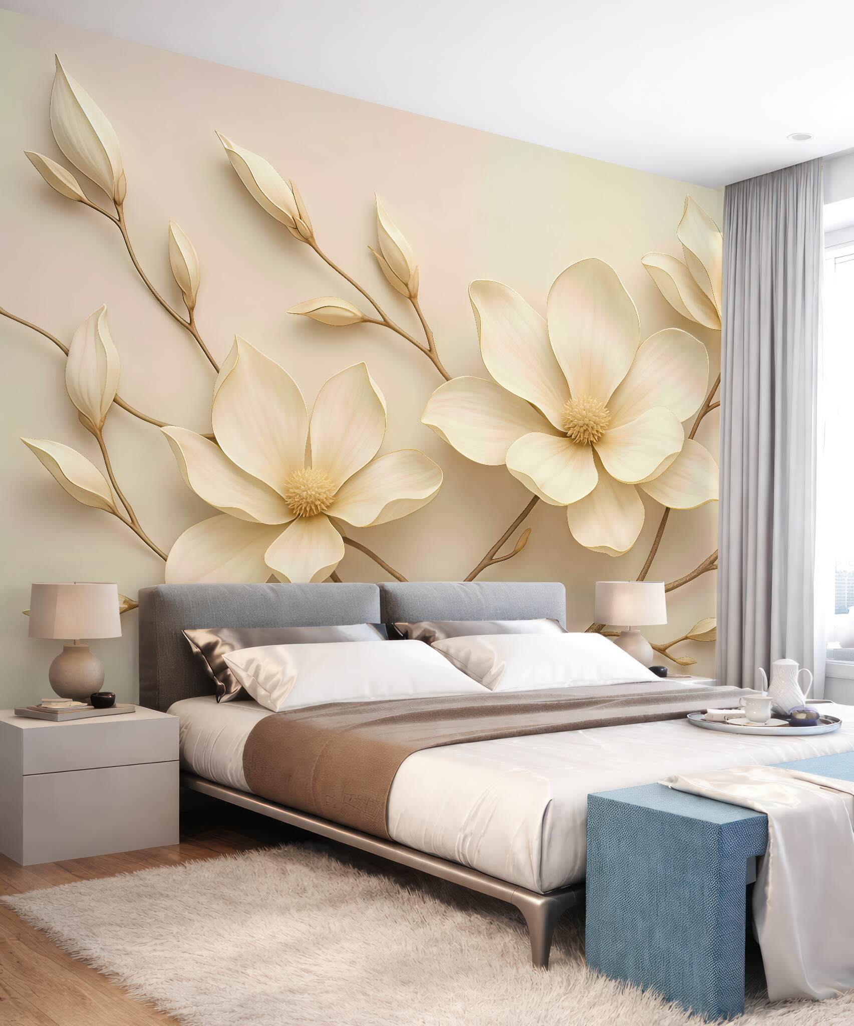 Fototapeta kremowe magnolie na delikatnych gałązkach