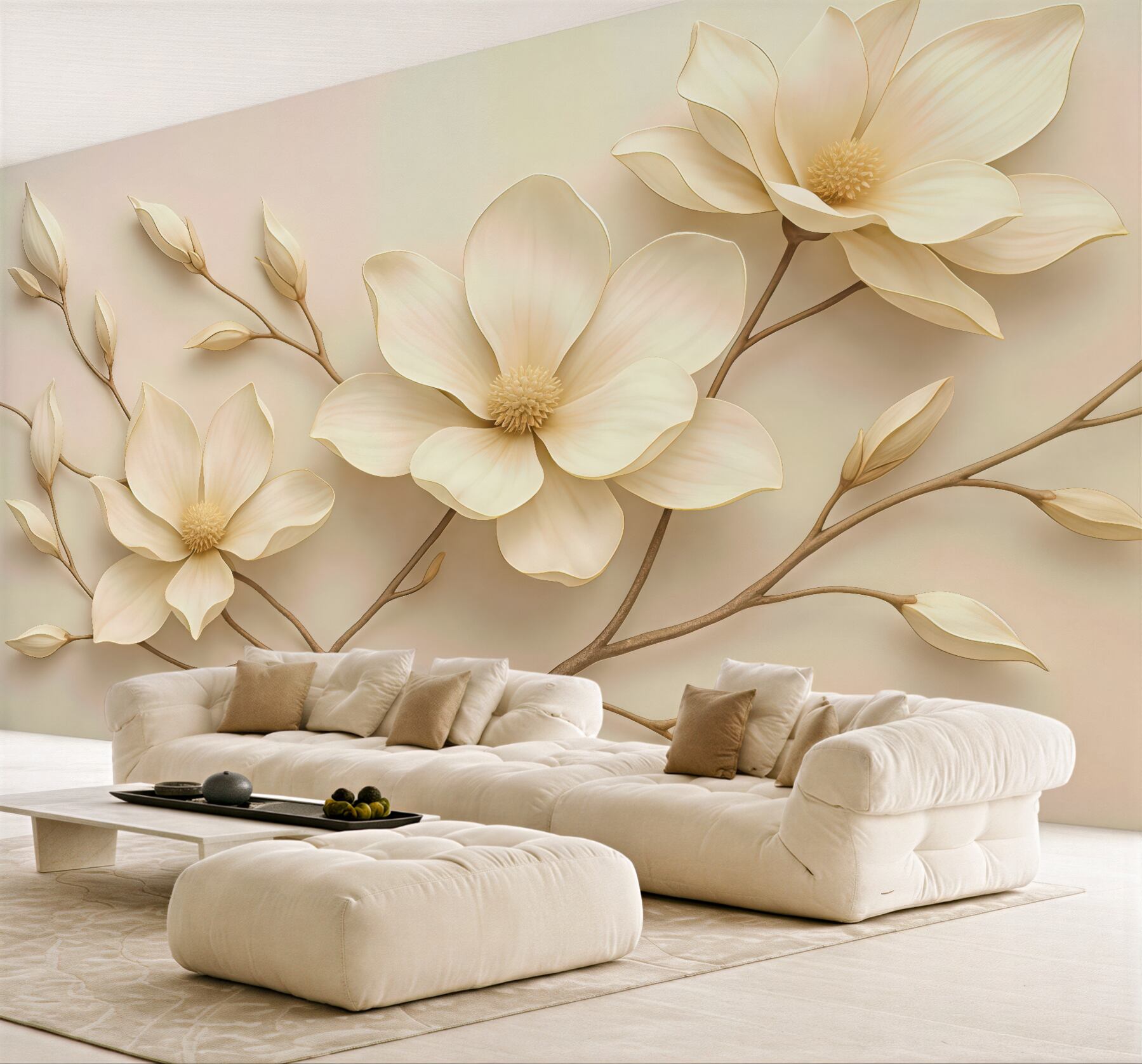 Fototapeta kremowe magnolie na delikatnych gałązkach