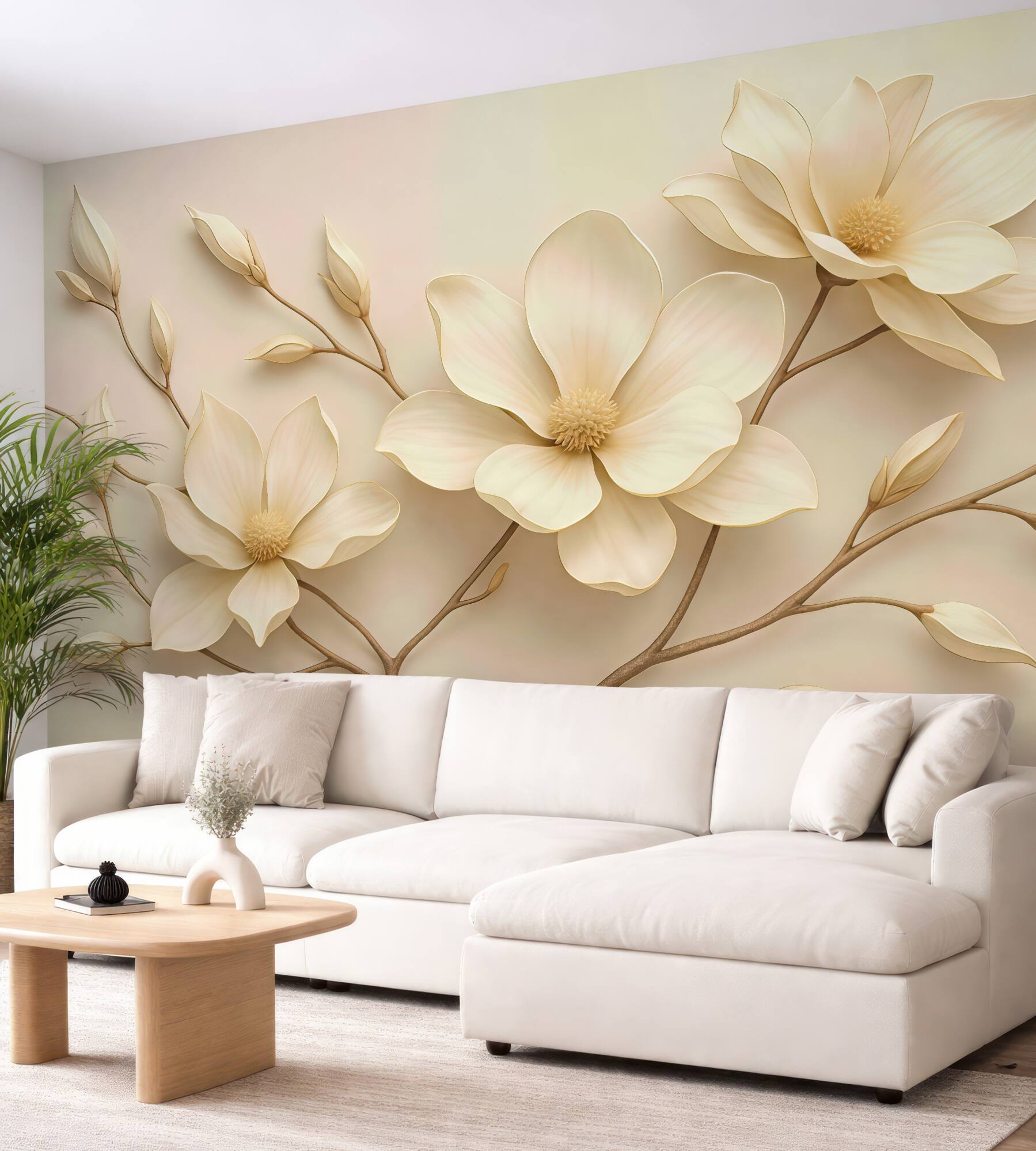Fototapeta kremowe magnolie na delikatnych gałązkach