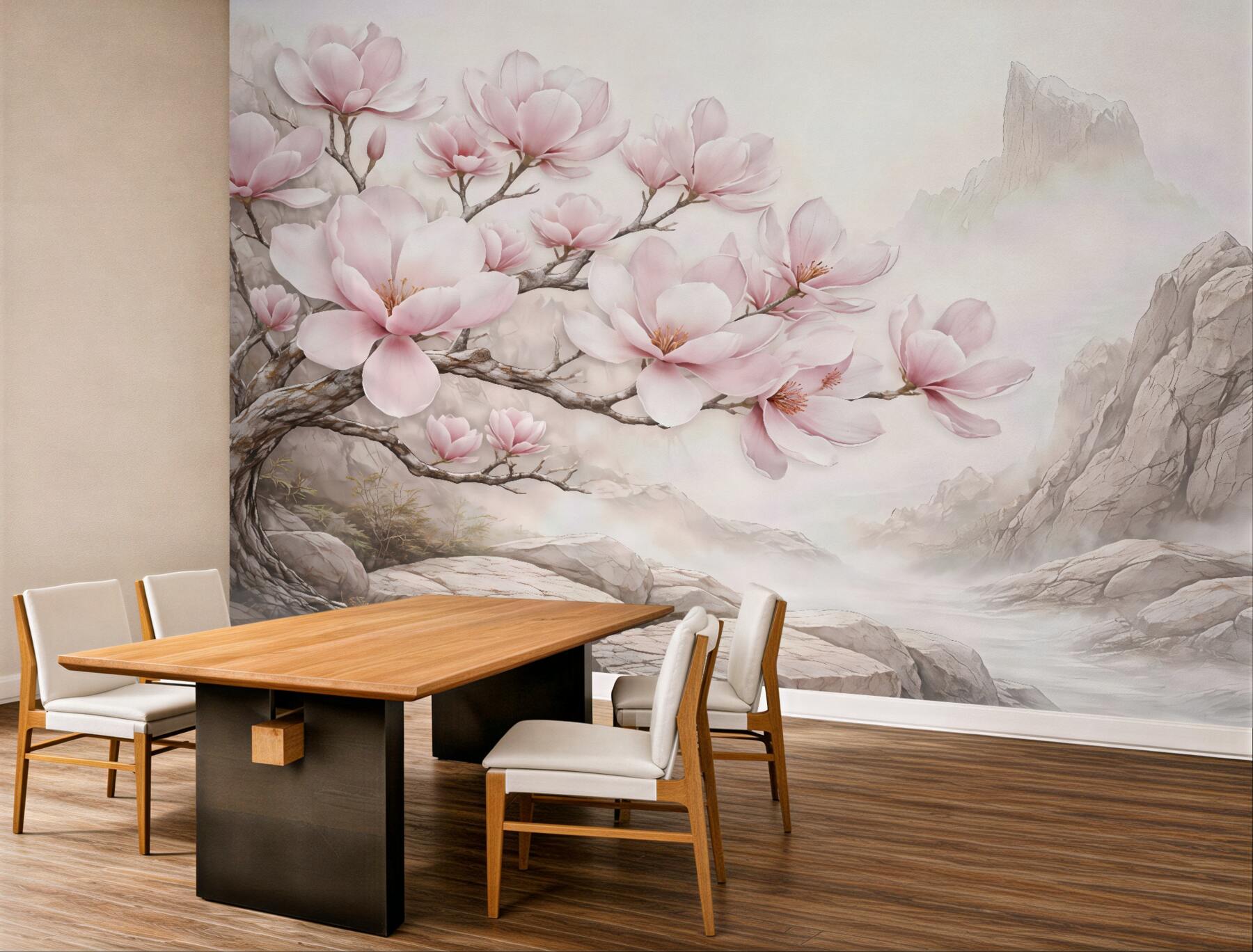 Fototapeta różowe magnolie w mglistych górach