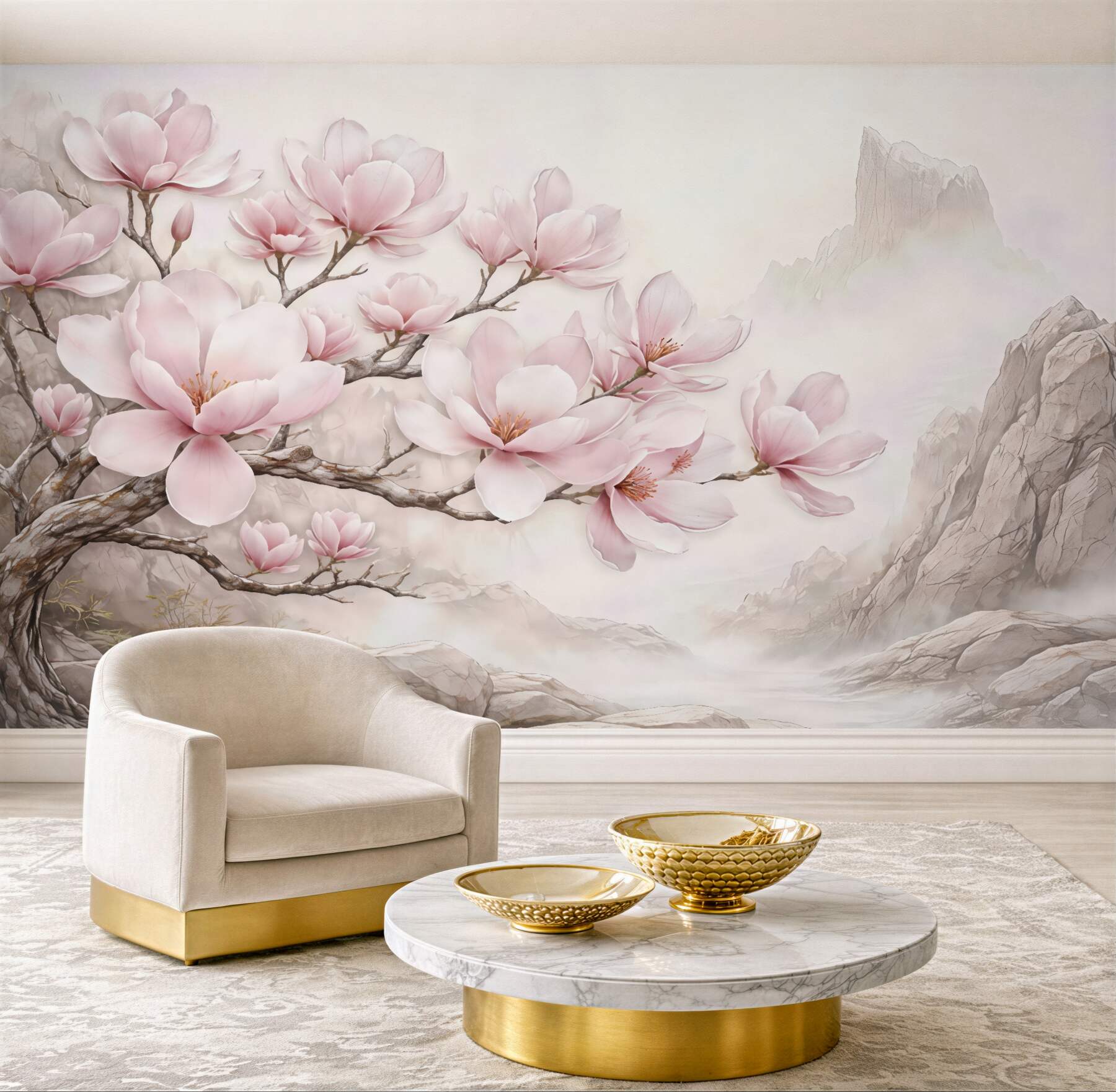 Fototapeta różowe magnolie w mglistych górach