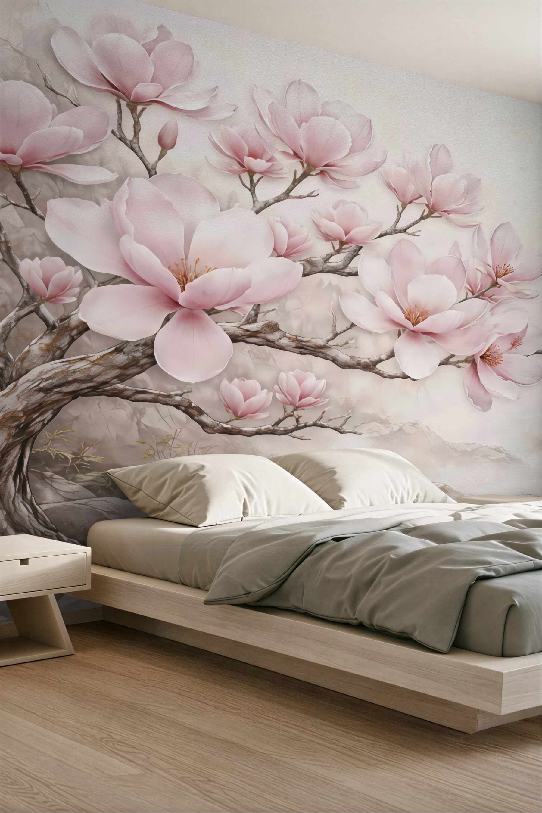 Fototapeta różowe magnolie w mglistych górach
