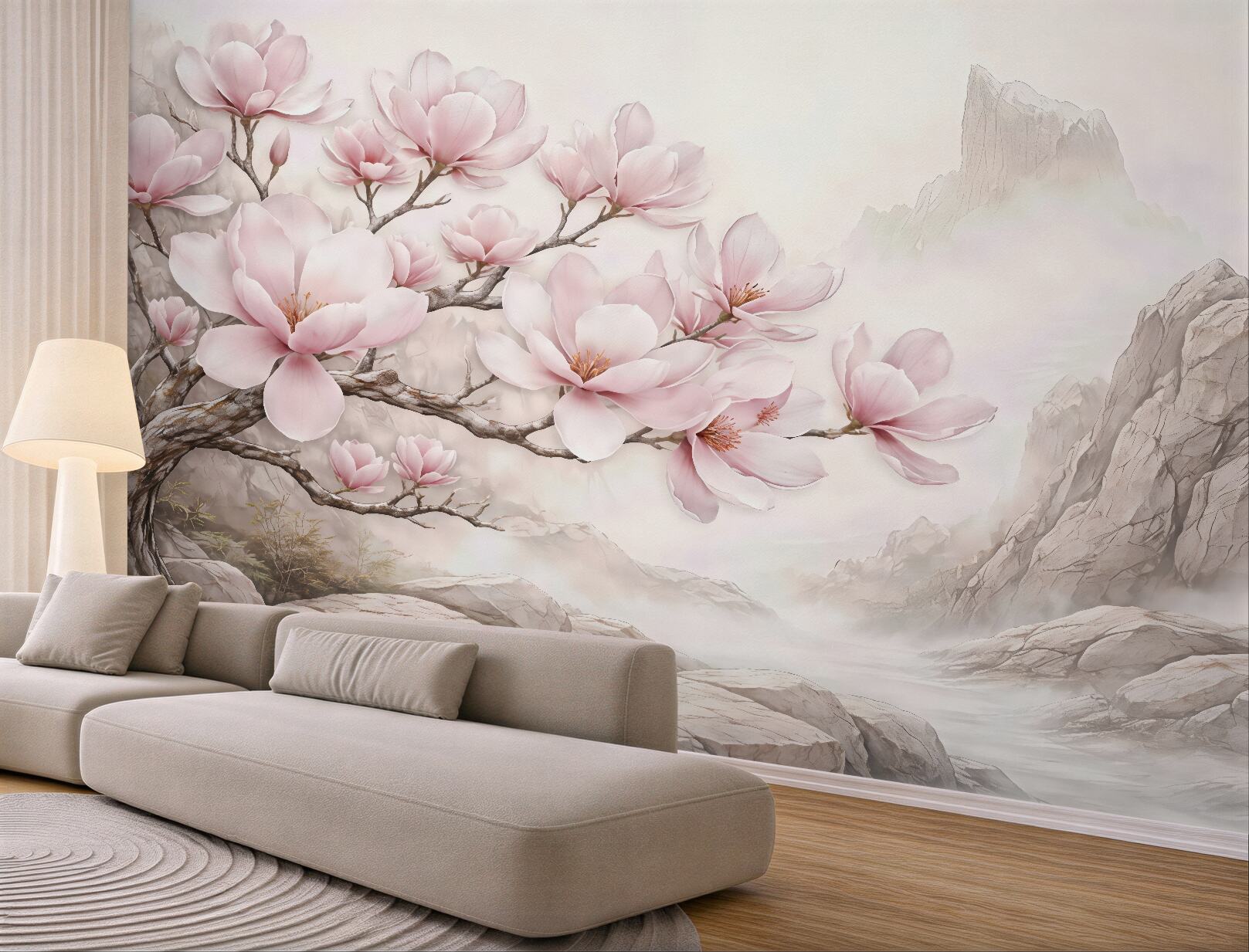 Fototapeta różowe magnolie w mglistych górach