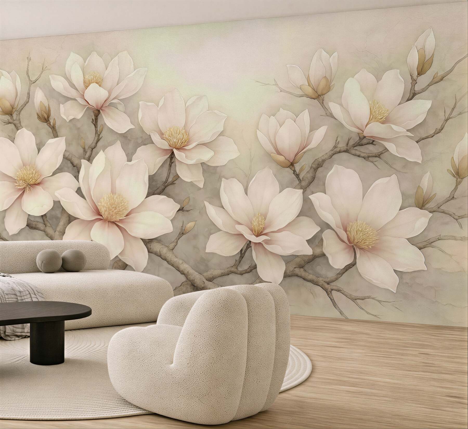 Fototapeta kremowe magnolie na subtelnych gałęziach