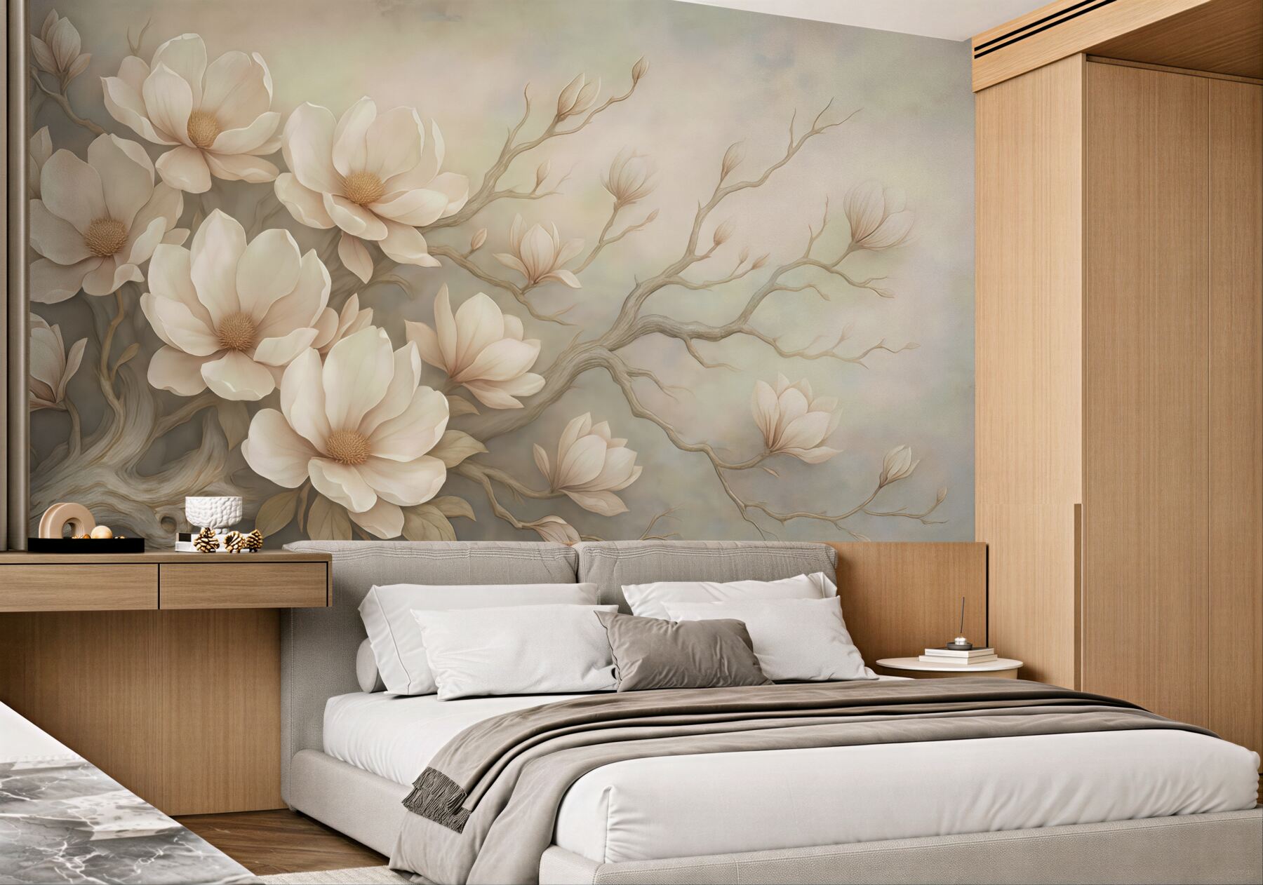 Fototapeta kremowe magnolie na malowniczych gałęziach