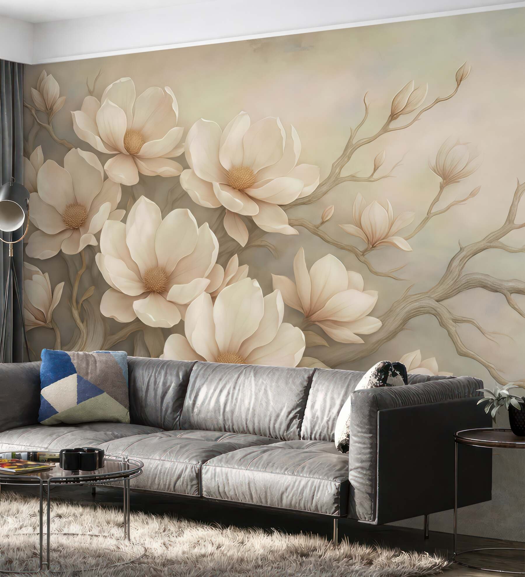 Fototapeta kremowe magnolie na malowniczych gałęziach
