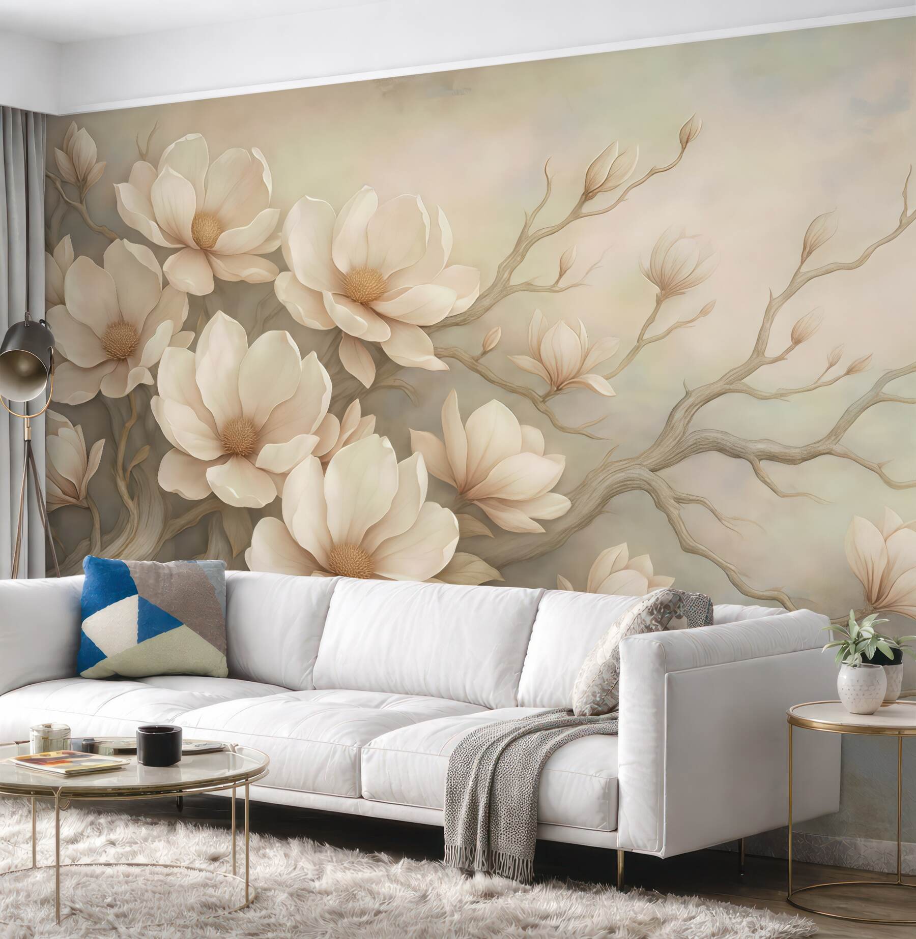 Fototapeta kremowe magnolie na malowniczych gałęziach