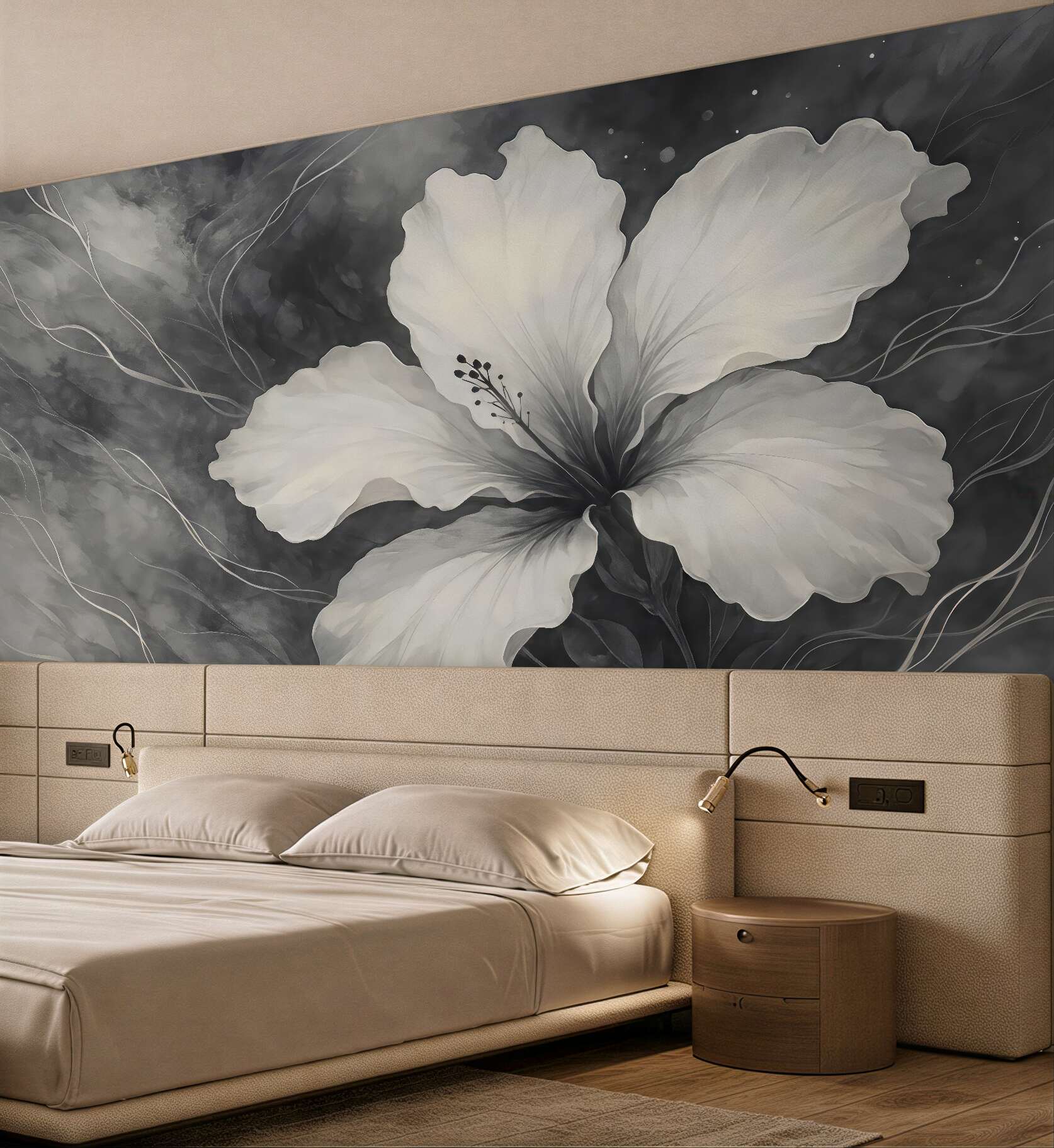 Fototapeta biały hibiskus w szarej elegancji