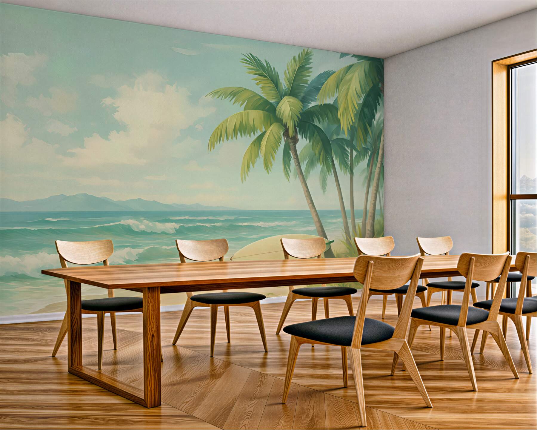 Fototapeta tropikalna plaża z palmami i deską