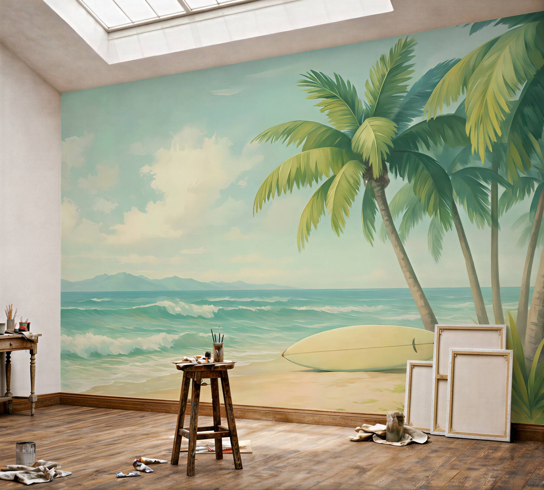 Fototapeta tropikalna plaża z palmami i deską