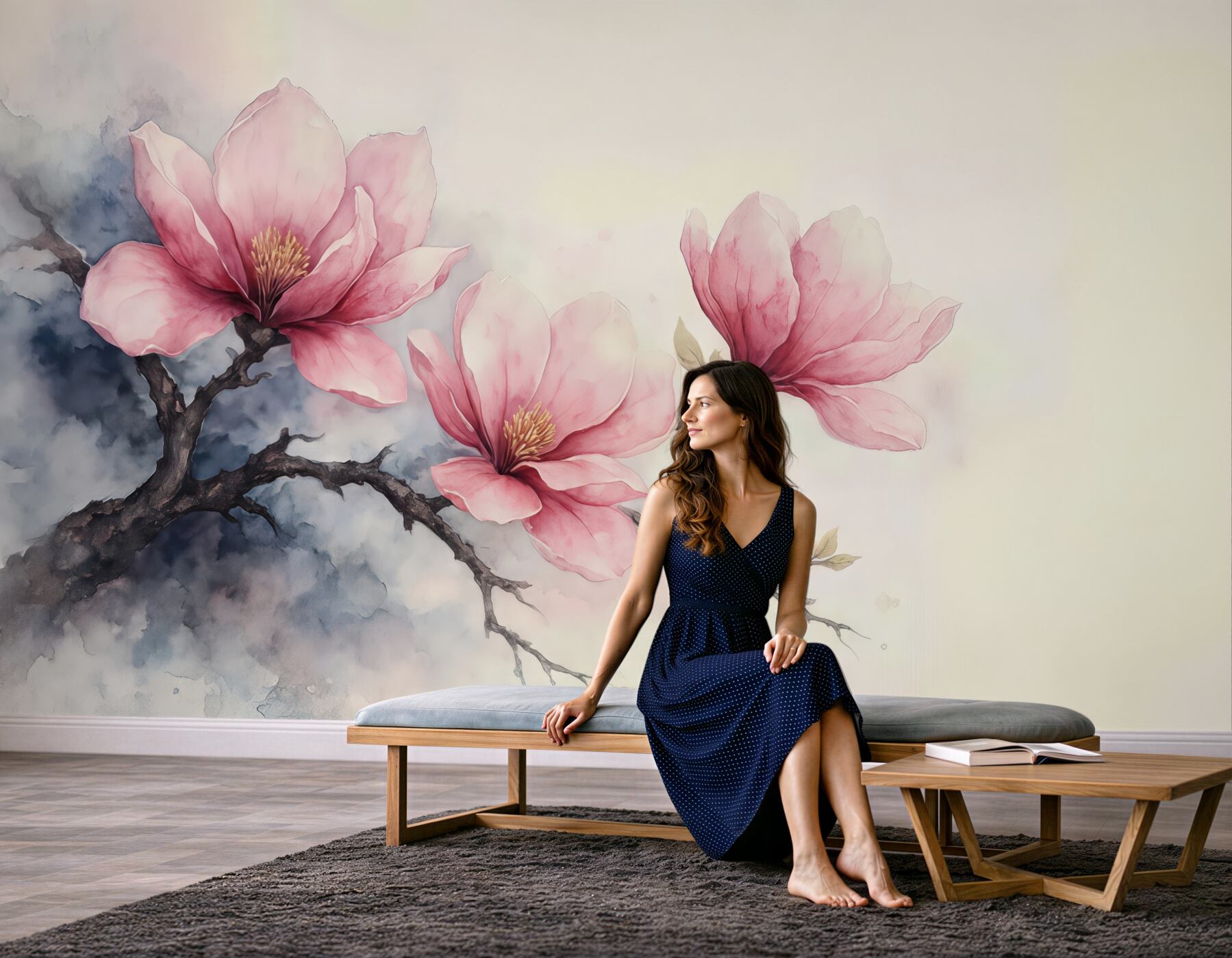 Fototapeta różowe magnolie w akwarelowej mgłce