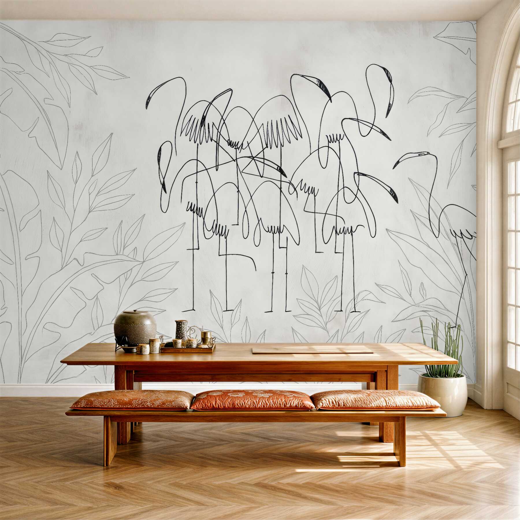Fototapeta minimalistyczne flamingi w tropikalnych konturach
