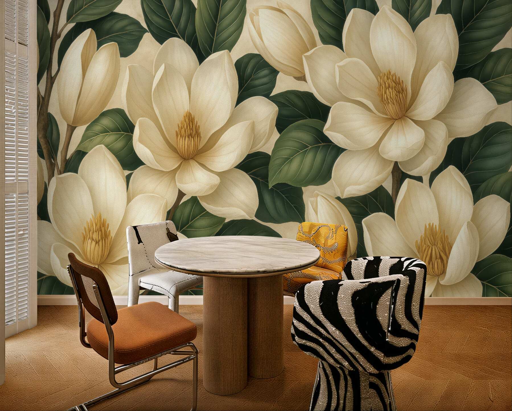 Fototapeta jasne magnolie na ciemnych liściach