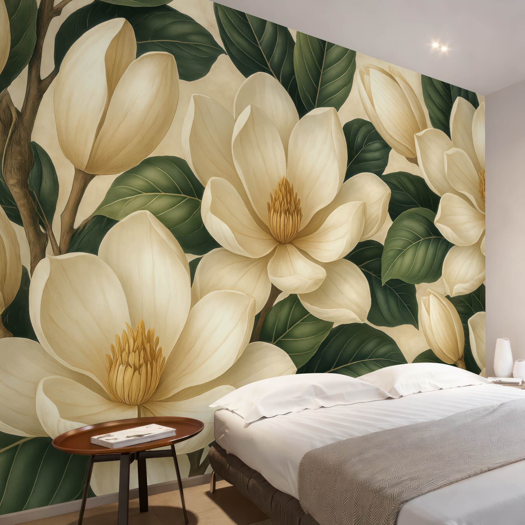 Fototapeta jasne magnolie na ciemnych liściach