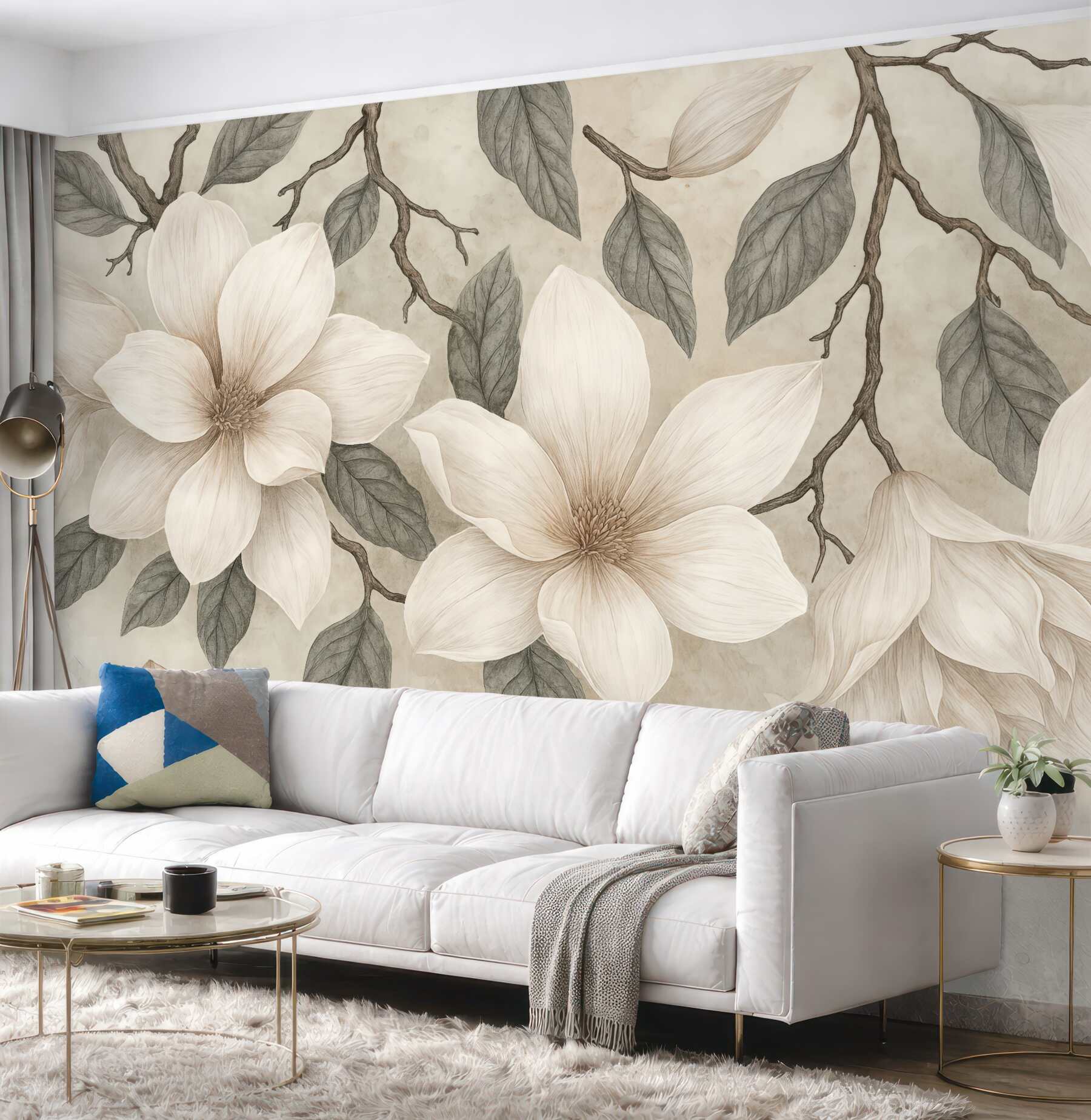 Fototapeta kremowe magnolie na delikatnych gałązkach