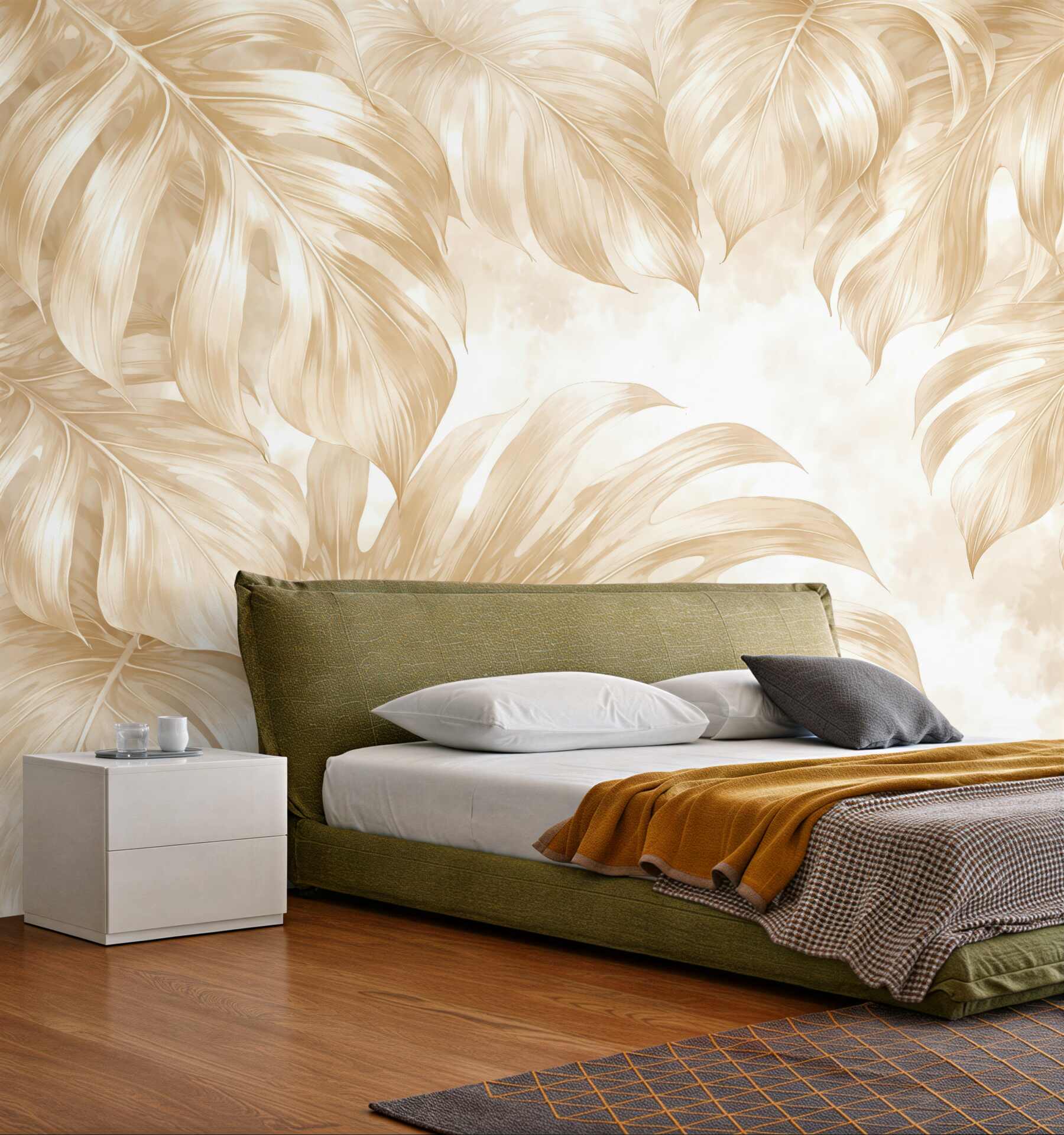 Fototapeta złote liście monstery w subtelnym blasku