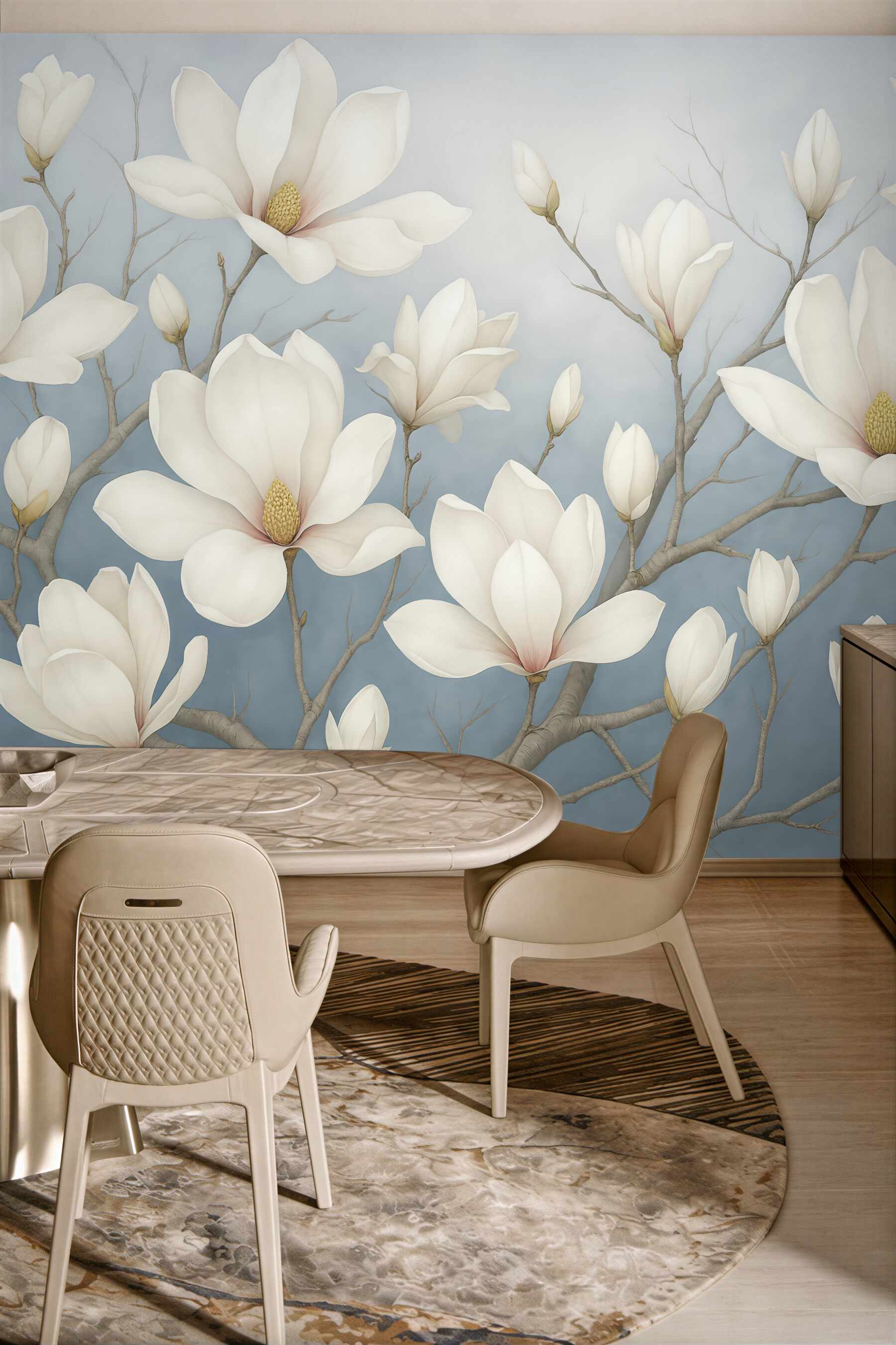 Fototapeta białe magnolie na błękitnych gałęziach