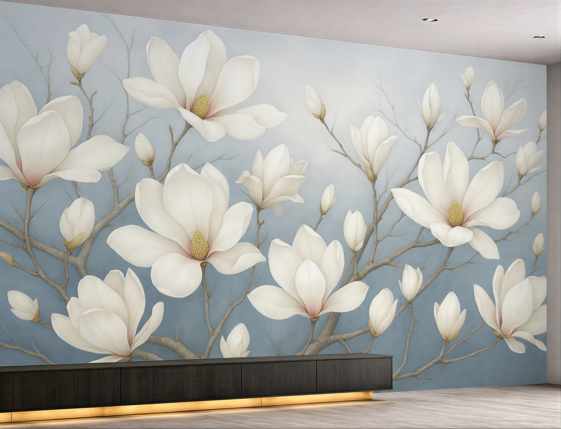 Fototapeta białe magnolie na błękitnych gałęziach
