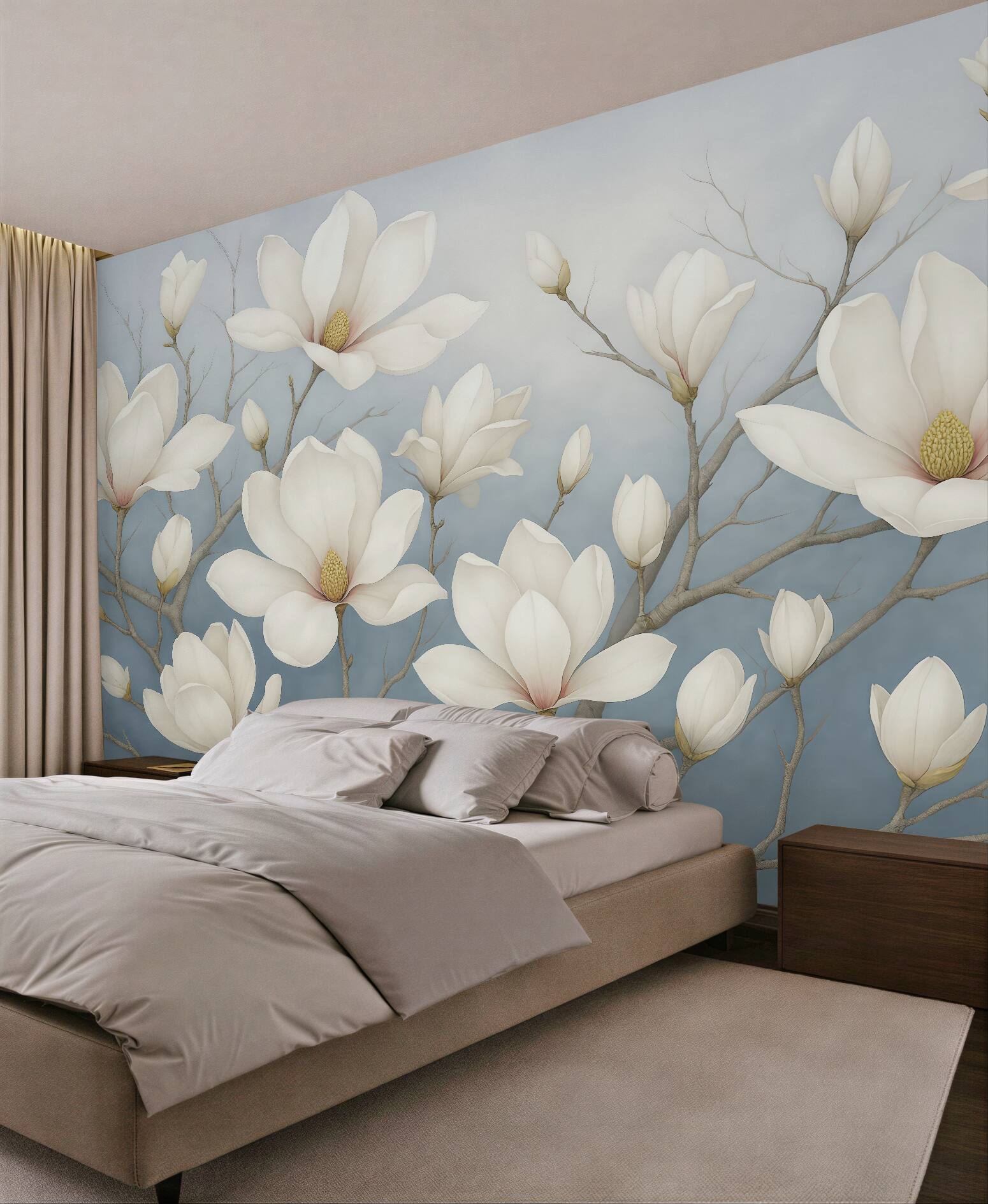 Fototapeta białe magnolie na błękitnych gałęziach
