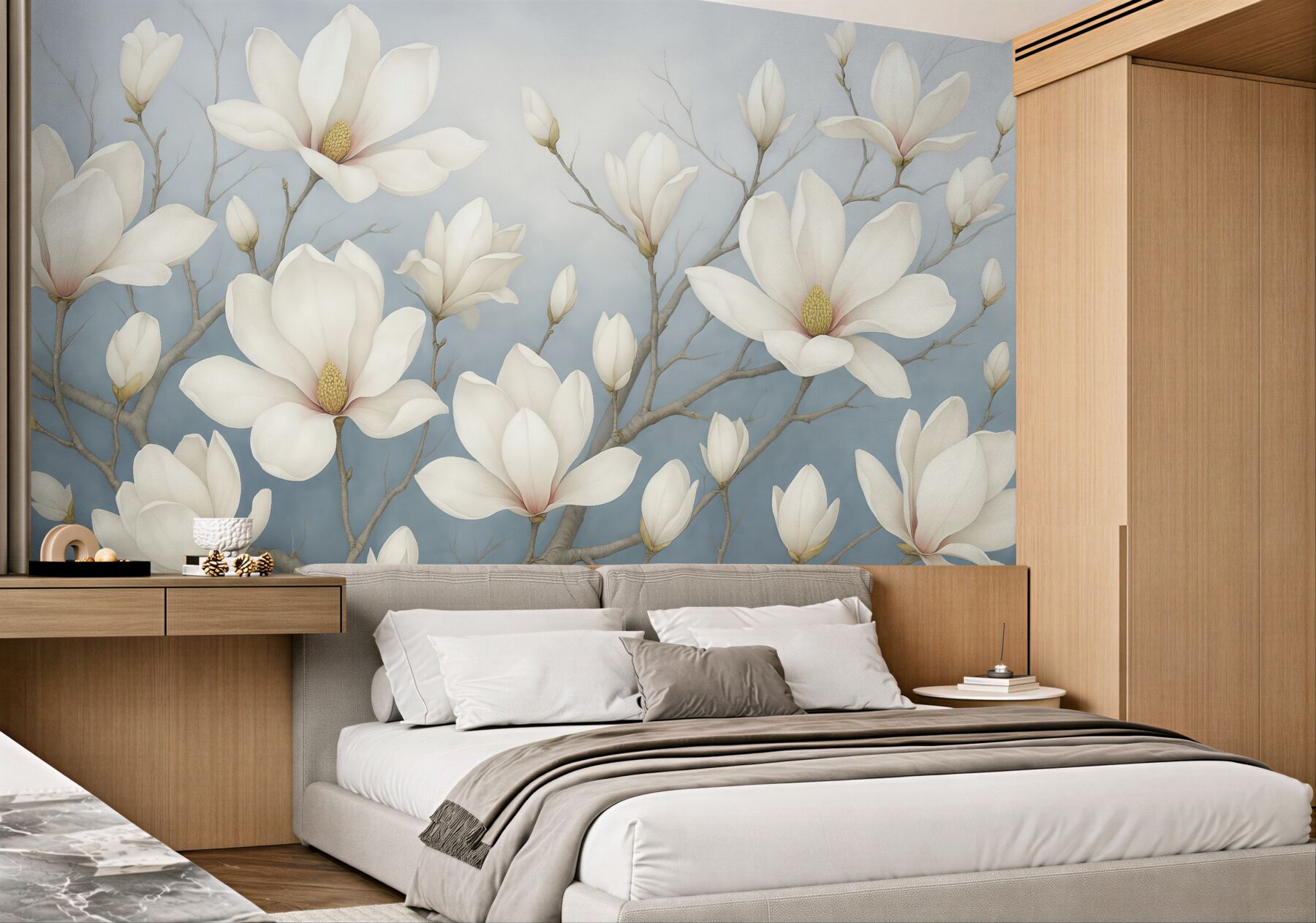 Fototapeta białe magnolie na błękitnych gałęziach