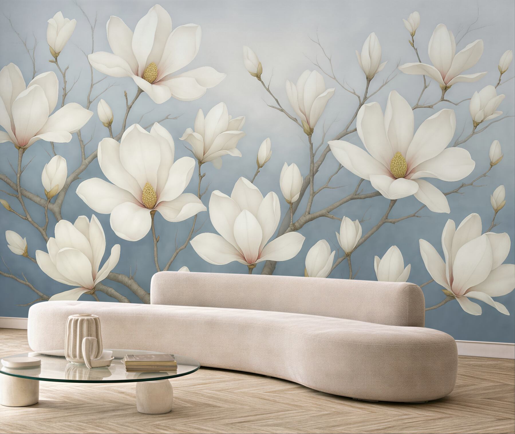 Fototapeta białe magnolie na błękitnych gałęziach