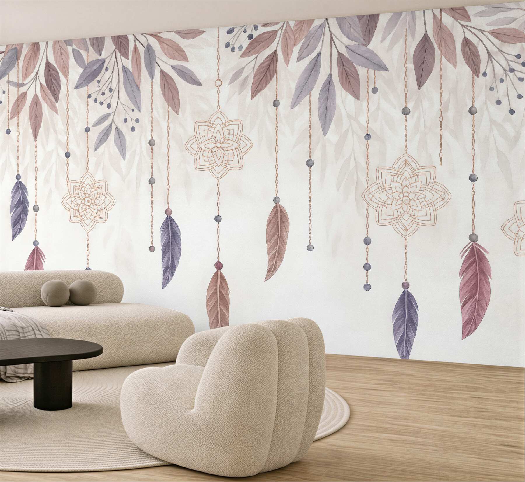 Fototapeta pastelowe pióra i mandale boho