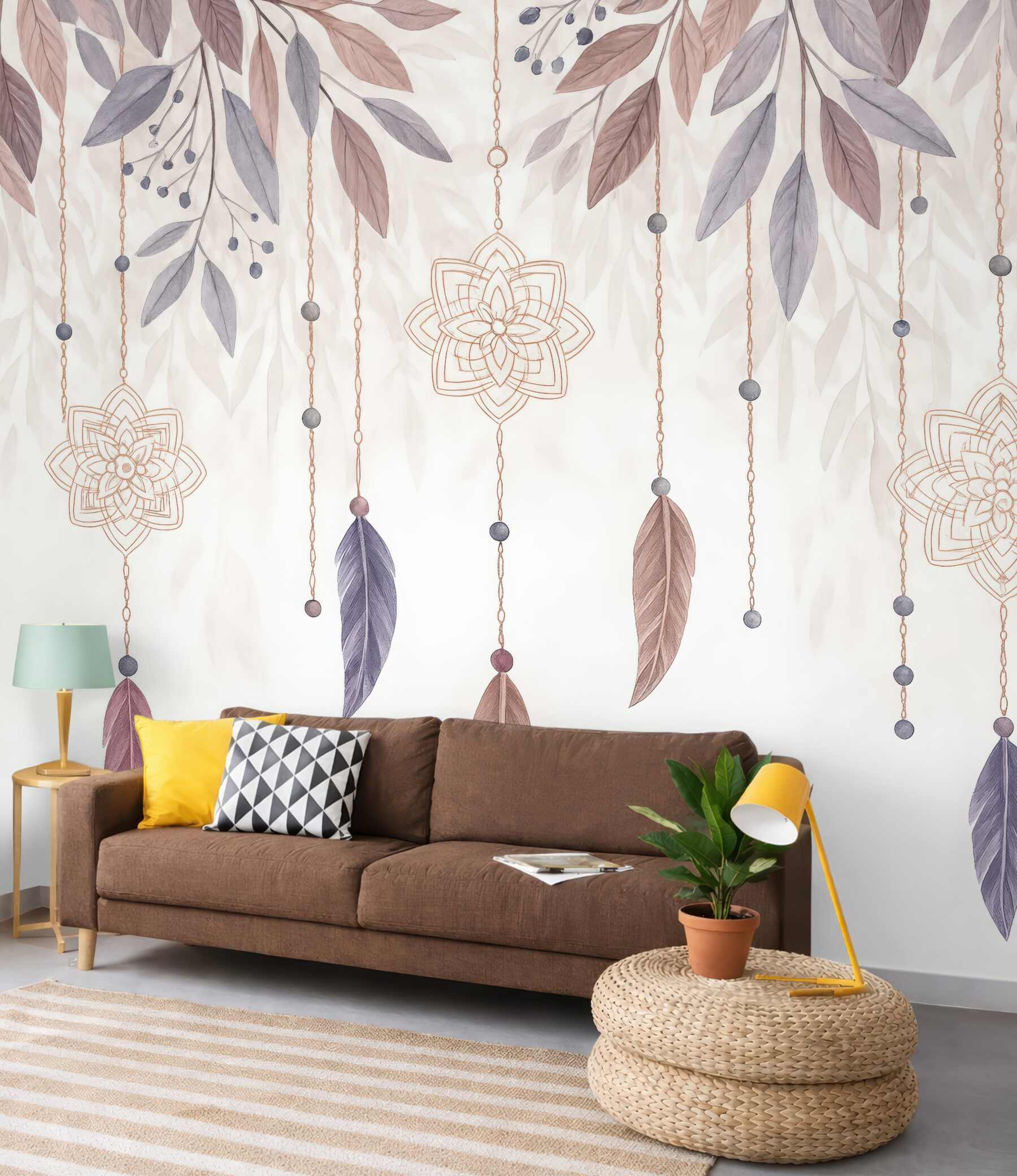 Fototapeta pastelowe pióra i mandale boho