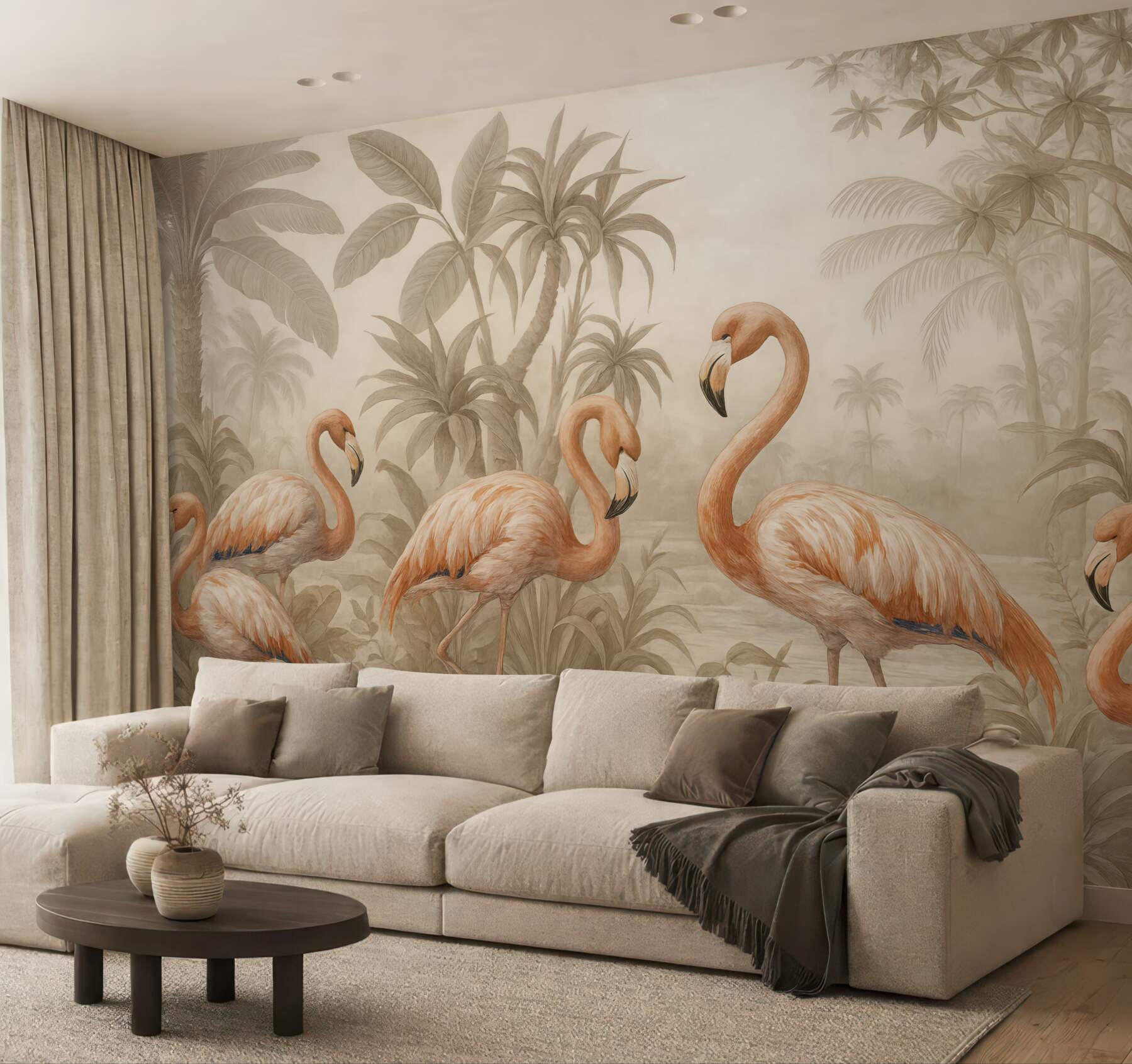 Fototapeta flamingi w tropikalnej sepia dżungli