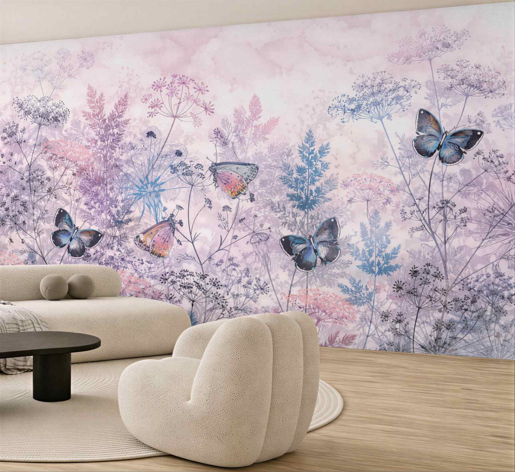 Fototapeta pastelowa łąka z motylami