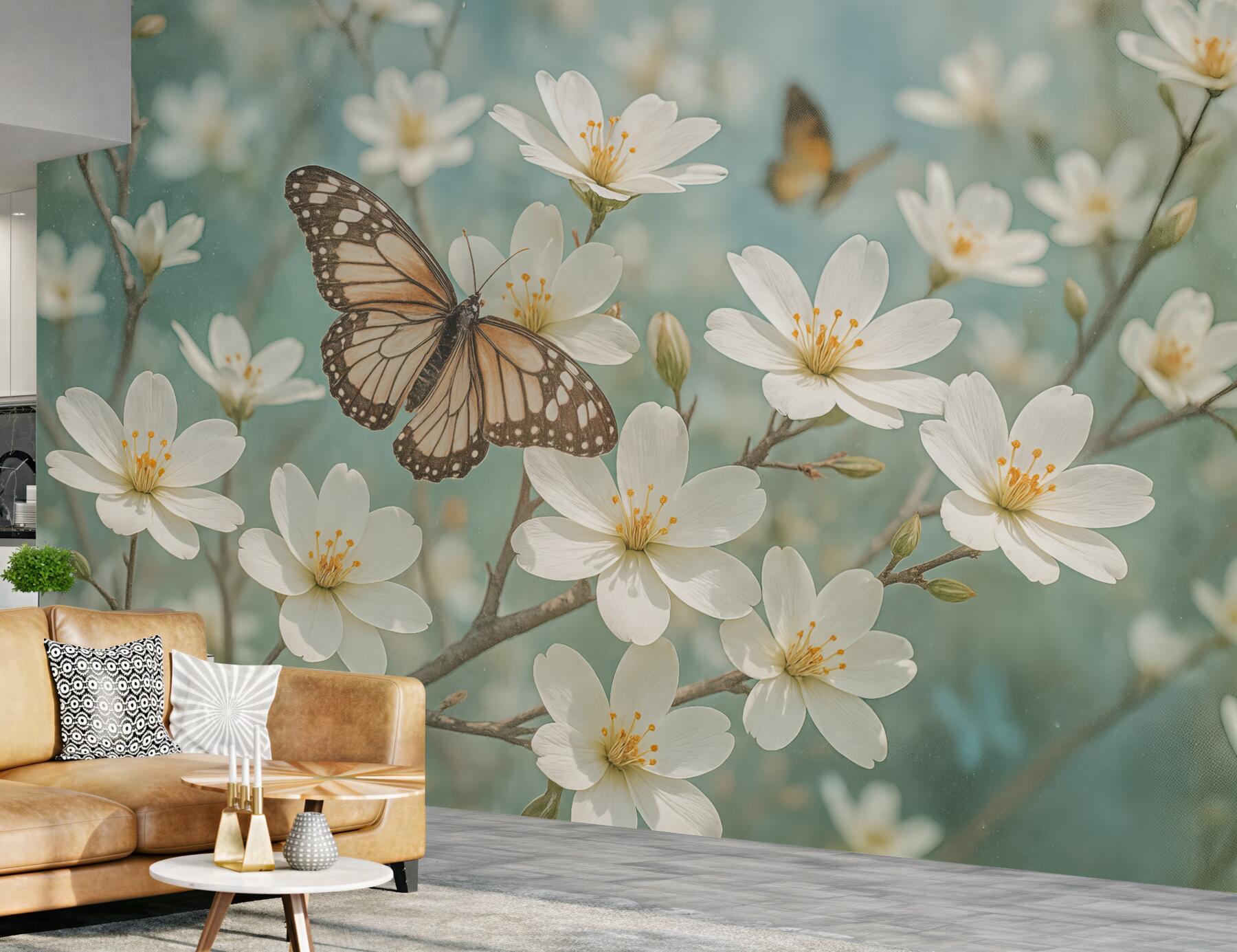 Fototapeta motyl wśród wiosennych białych kwiatów